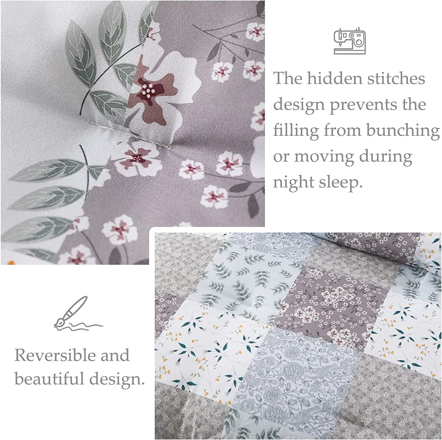 Fluffy Down Alternative 3-Piece Queen Comforter Set, Soft Reversible Bedding Comforter Sets, Patchwork Printed Down Alternative Comforter Duv... - All-Season Down Alternative Comforter Insert Detail