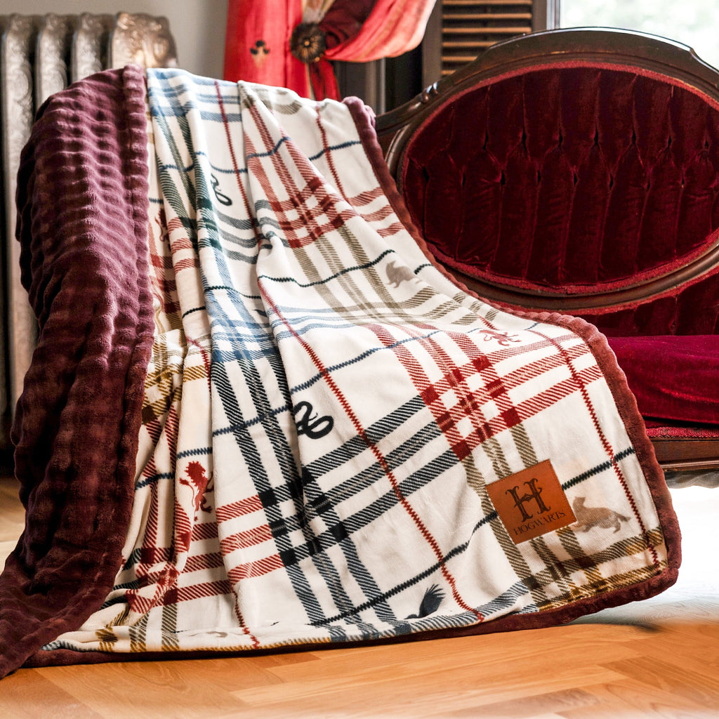 Decorative Knitted Academic Plaid Tartan Crest with Faux Leather Patch and Milky Mink Reverse Throw, 60x70 inches - Luxury Knitted Decorative Throw Blanket with Fringes - Default Title