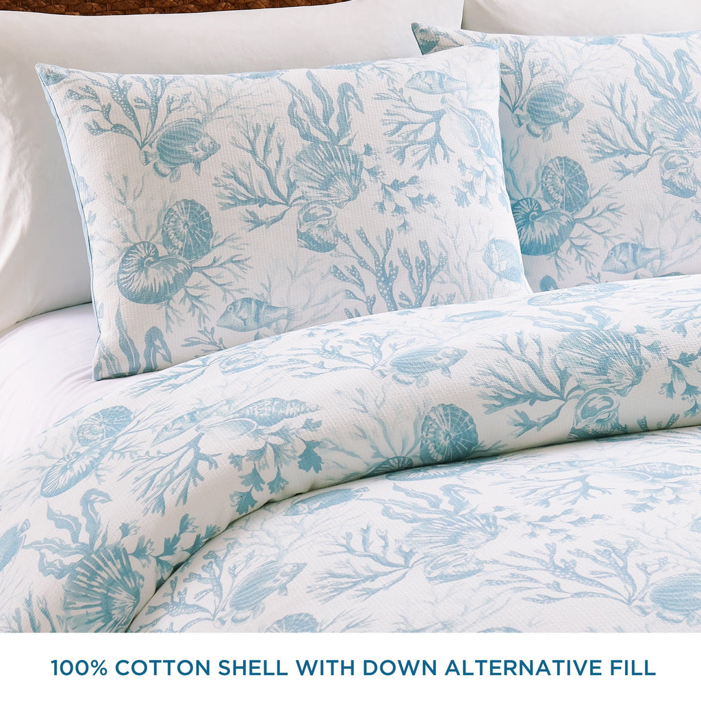 Hypoallergenic Cloud 3-Piece Lightweight 100% Cotton Blue & White Ocean Print Comforter Set, Full/Queen - Luxurious Quilted Duvet Cover Set Detail