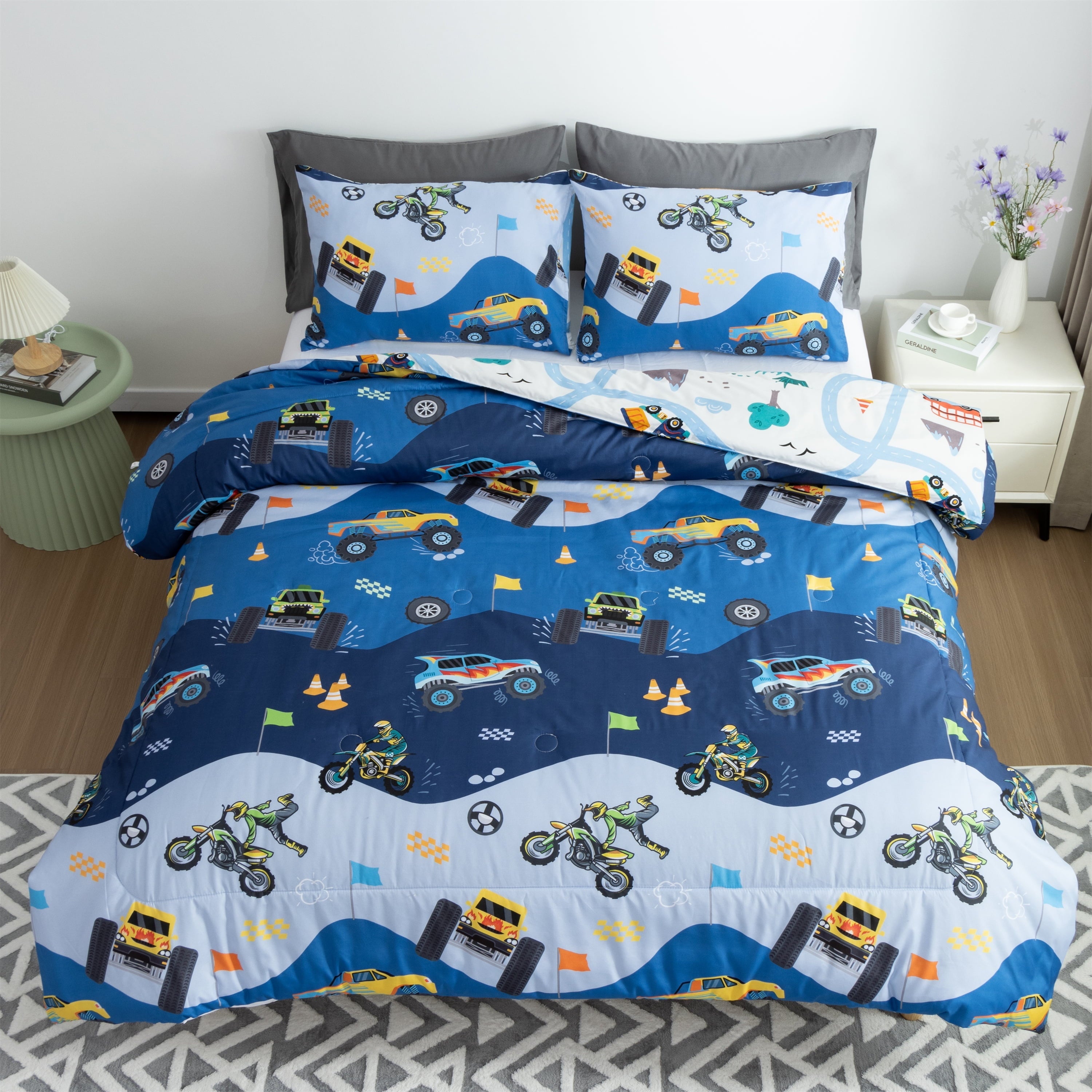 All-Season 3Pcs Reversible Construction Truck Twin Comforter Set for Boys Kids Excavator Vehicle Motorcycle Bedding Set Blue - All-Season Down Alternative Comforter Insert Detail