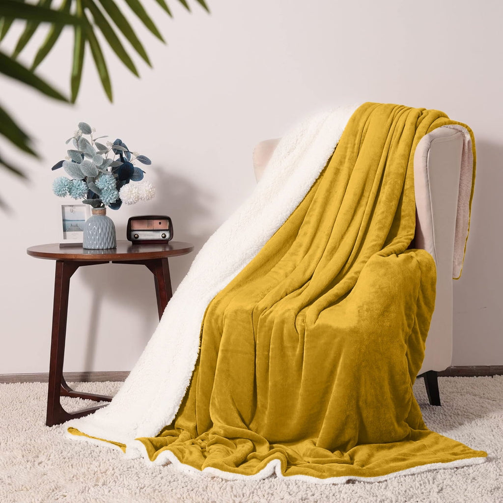Super Soft Flannel Moonlight20015 Sherpa Blanket Fluffy Plush Couch & Travel Blanket Reversible Throw Size Ochre Color - Super Soft Reversible Sherpa Flannel Blanket Detail