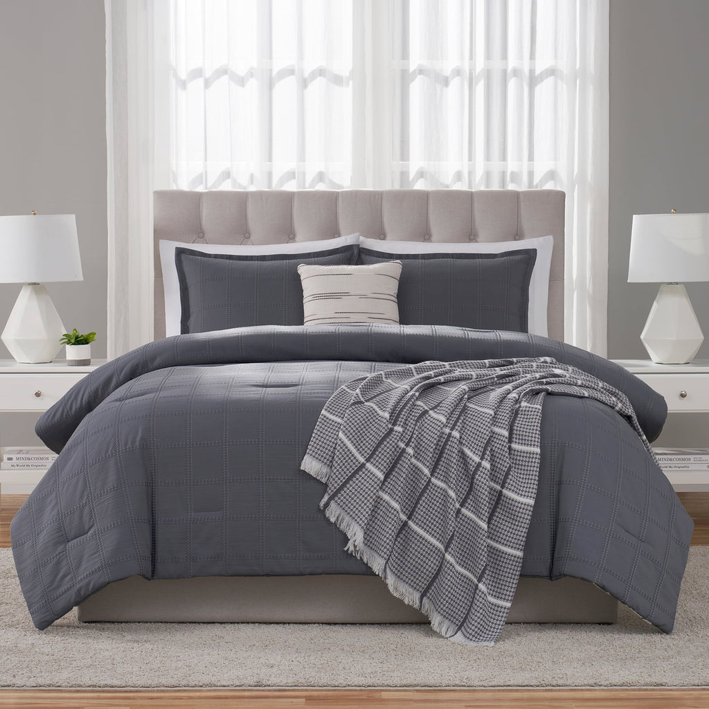 Fluffy Down Alternative Full/Queen Comforter Set, All-Season, 5-Piece, Grey Waffle Check - Luxurious Quilted Duvet Cover Set Detail