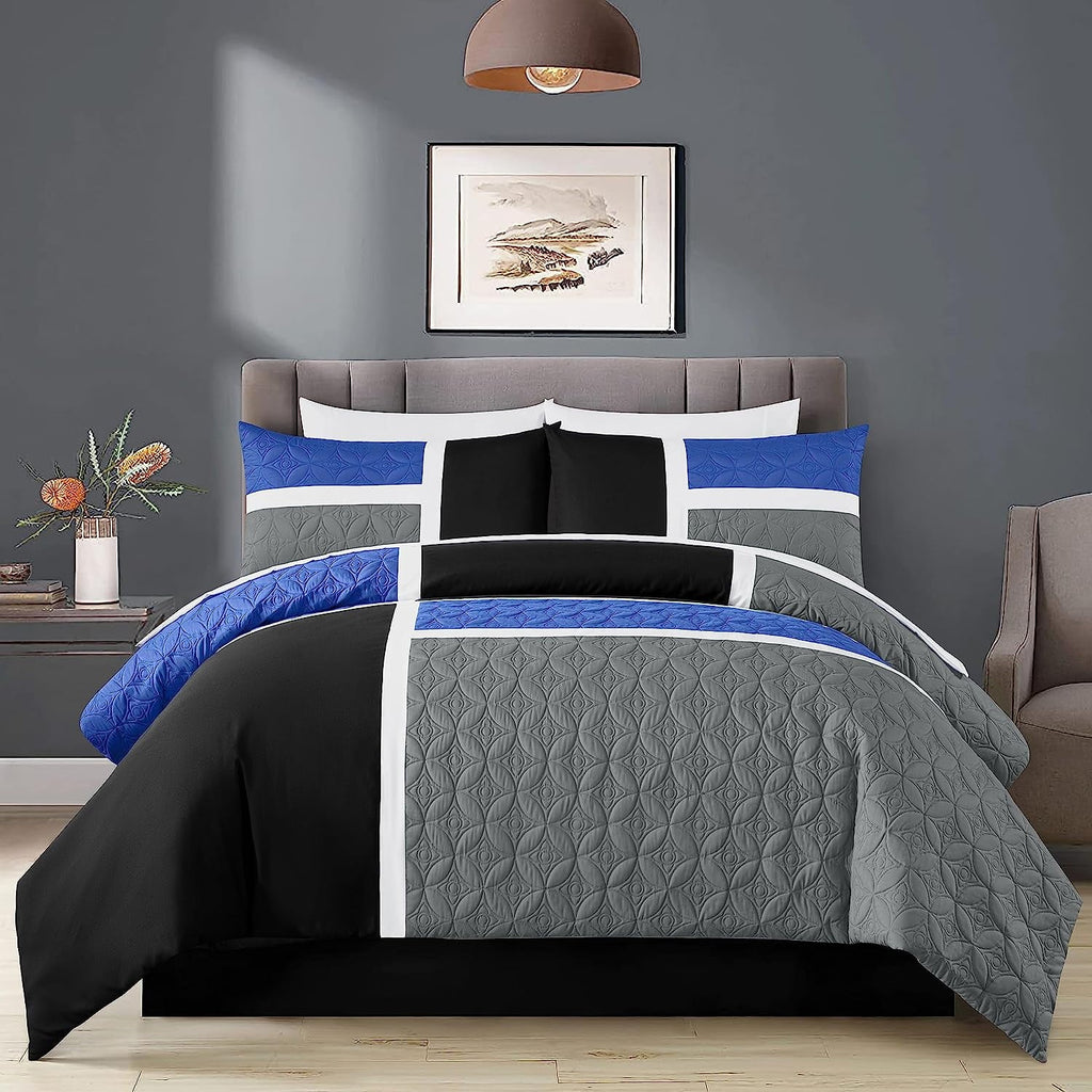 Luxurious Quilted Bernard 7-Piece Full Bed in a Bag Comforter Set with Sheets, Lightweight Comforter Blue Black Gray Patchwork Quilted ... - Hypoallergenic Ultra-Fluffy Quilt for Winter Detail