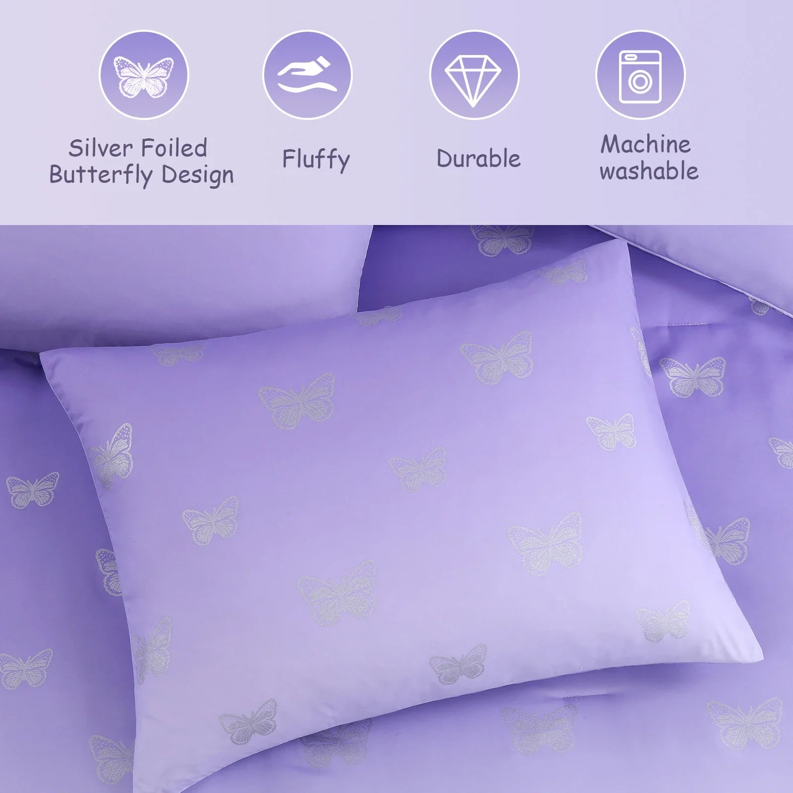 Fluffy Down Alternative gold foil Design 7-piece Bed in a Bag Comforter Set with Sheets,Purple/Silver Butterflies,Full - Cloud-Like Soft Lightweight Bed Comforter Detail