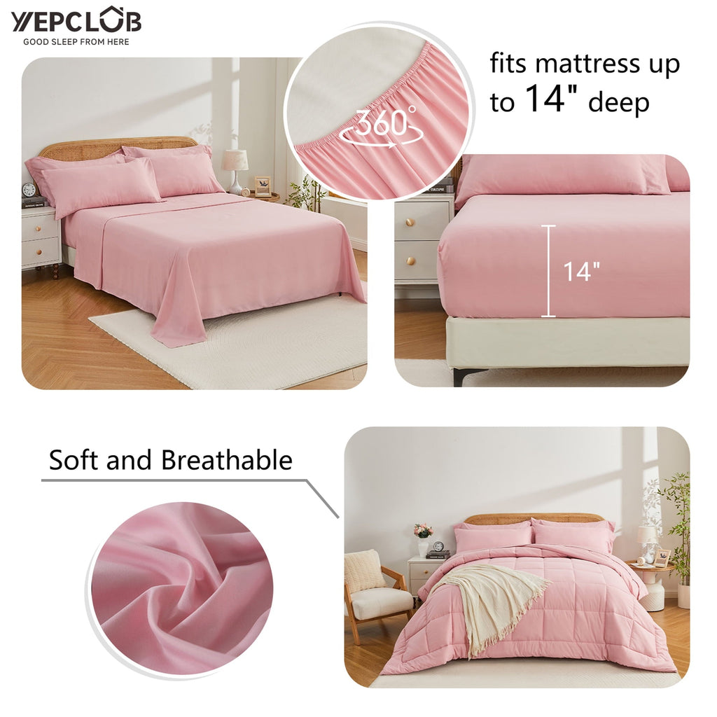 Hypoallergenic Cloud 7-Piece Queen Size Comforter Set,Pink Reversible Bed in a Bag,All Season Solid Bedding Set with Sheets,Pillowcases & ... - Hypoallergenic Ultra-Fluffy Quilt for Winter Detail