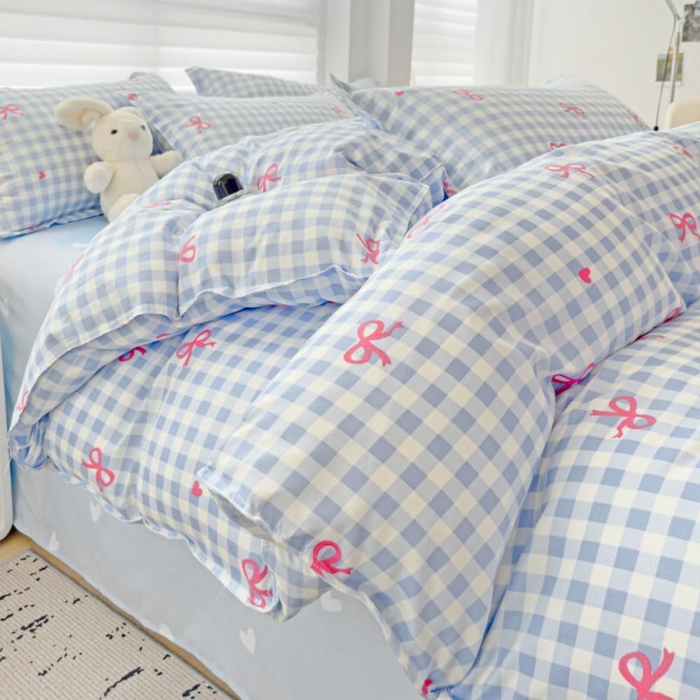 Hypoallergenic Cloud 3-Piece Blue Plaid Pink Bows Comforter Full Set , Cute Soft Bedding Set for Kids Adults - Hypoallergenic Ultra-Fluffy Quilt for Winter Detail