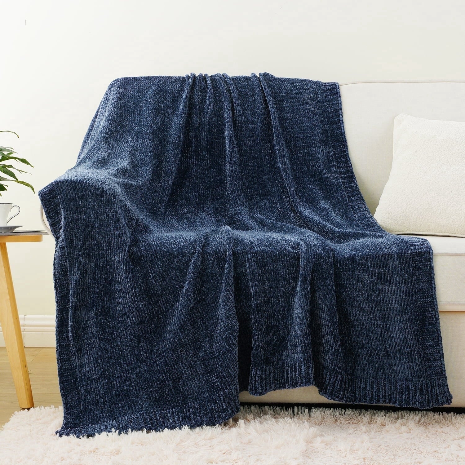 Decorative Knitted Navy Blue Chenille Throw for Couch Bed,Soft Navy Knit Blanket, Housewarming Gifts, 51"x 67" - Cozy Fleece Throw Blanket for Couch & Bed Detail