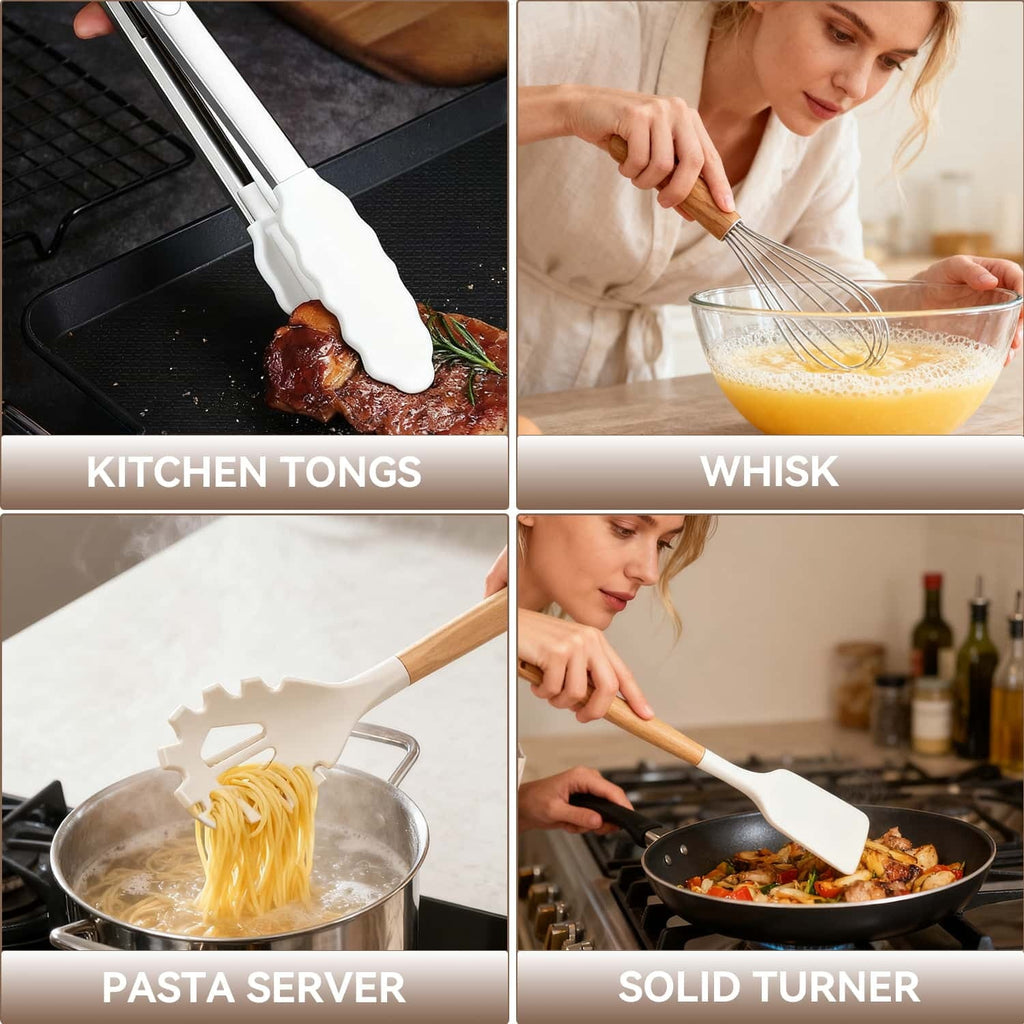 Non-Stick Safe Kitchen Utensils Set for Cooking, 11 Cooking Utensils, 6 Knife set Beige,3 Utensil Sets,utensilios de cocina - Premium Stainless Steel Cooking Utensil for Non-Stick Pots Detail