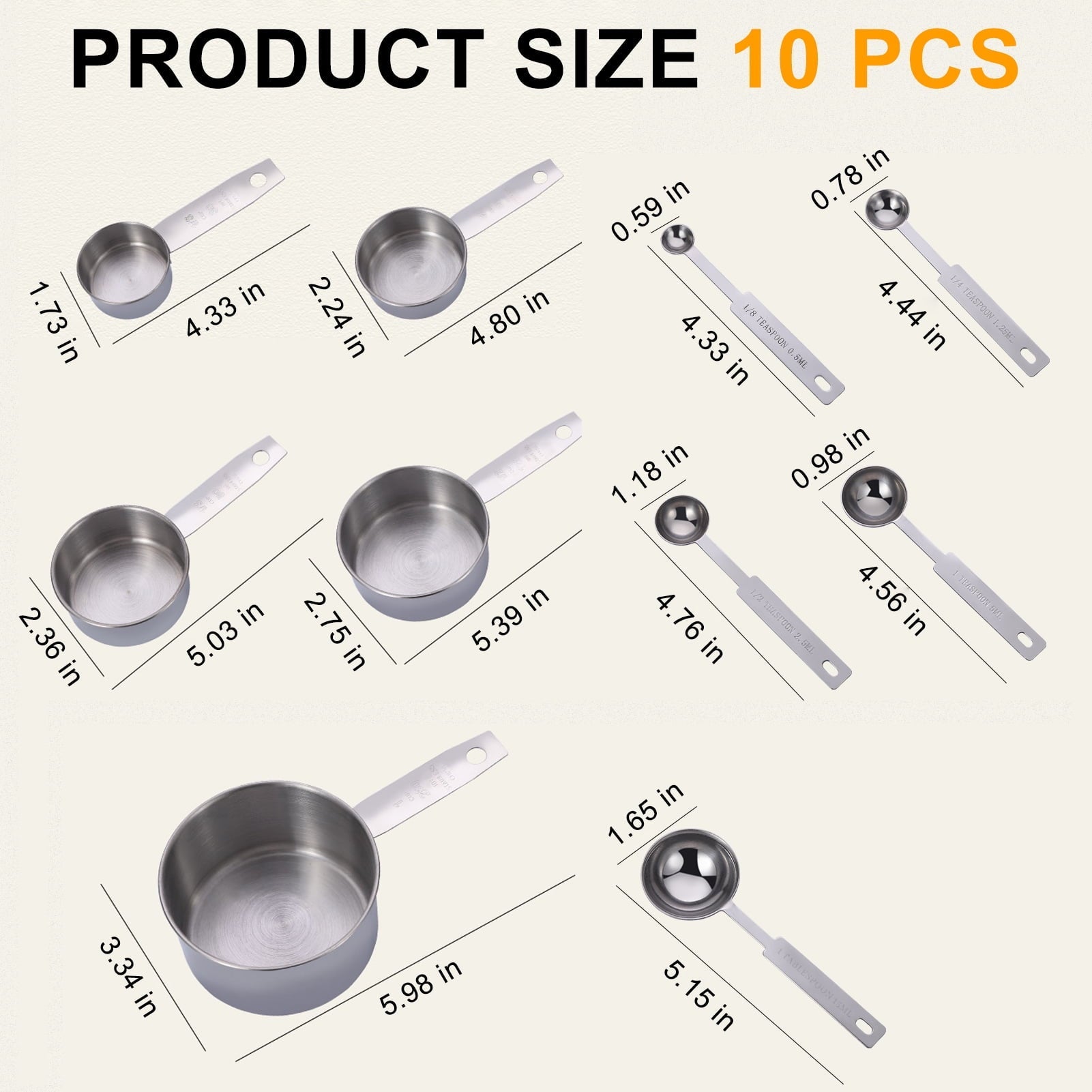 Ergonomic Cooking Measuring Cups and Spoons Set of 10, 5 Stainless Steel Cups and 5 Spoons for Kitchen Cooking Baking - Ergonomic Kitchen Tongs and Cooking Spoon Utensil Detail
