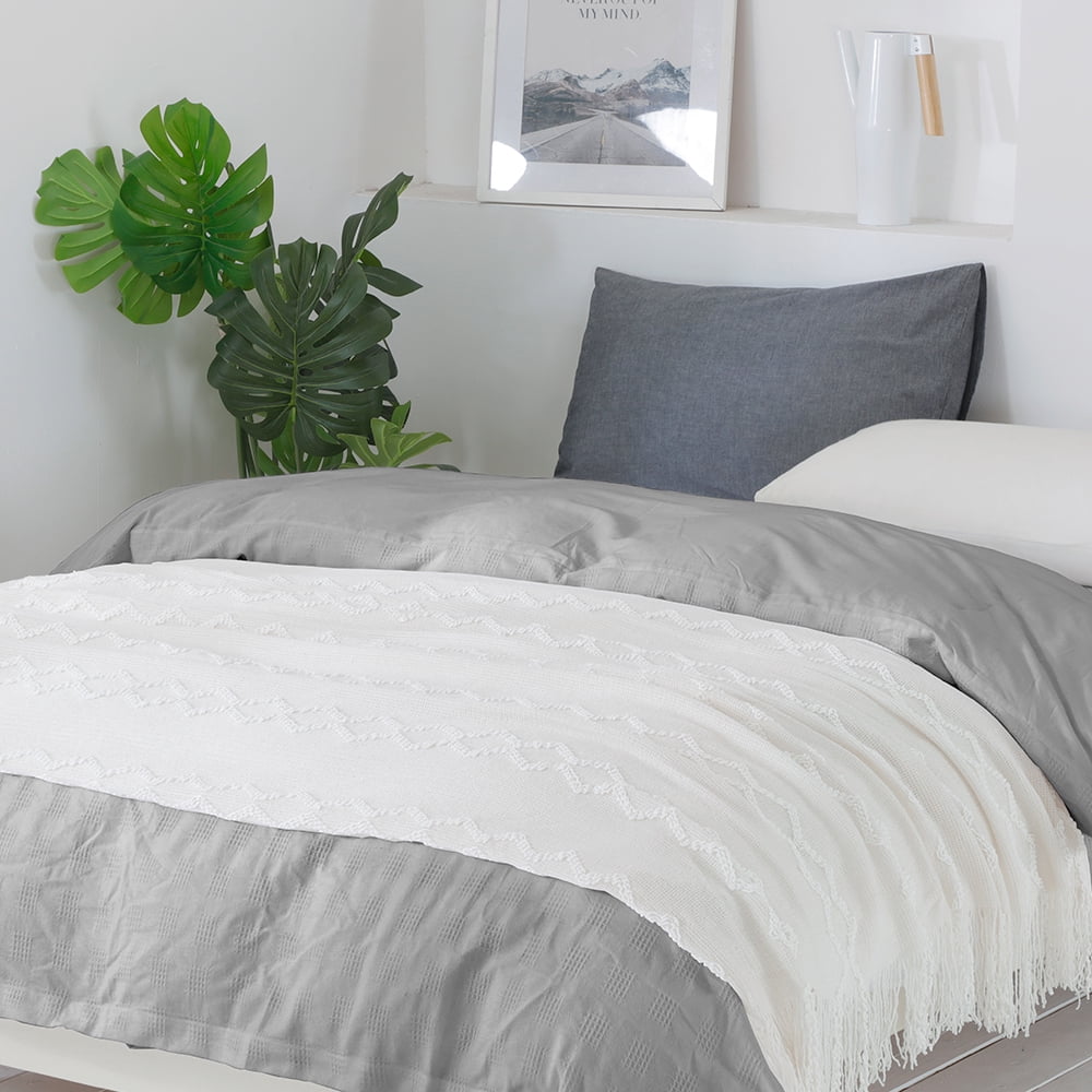 Super Soft Flannel Fluffy Chenille Knitted Fringe Throw Blanket, Lightweight Soft Cozy Bed Sofa Chair Blanket, White, 50" x 60" - Super Soft Reversible Sherpa Flannel Blanket Detail