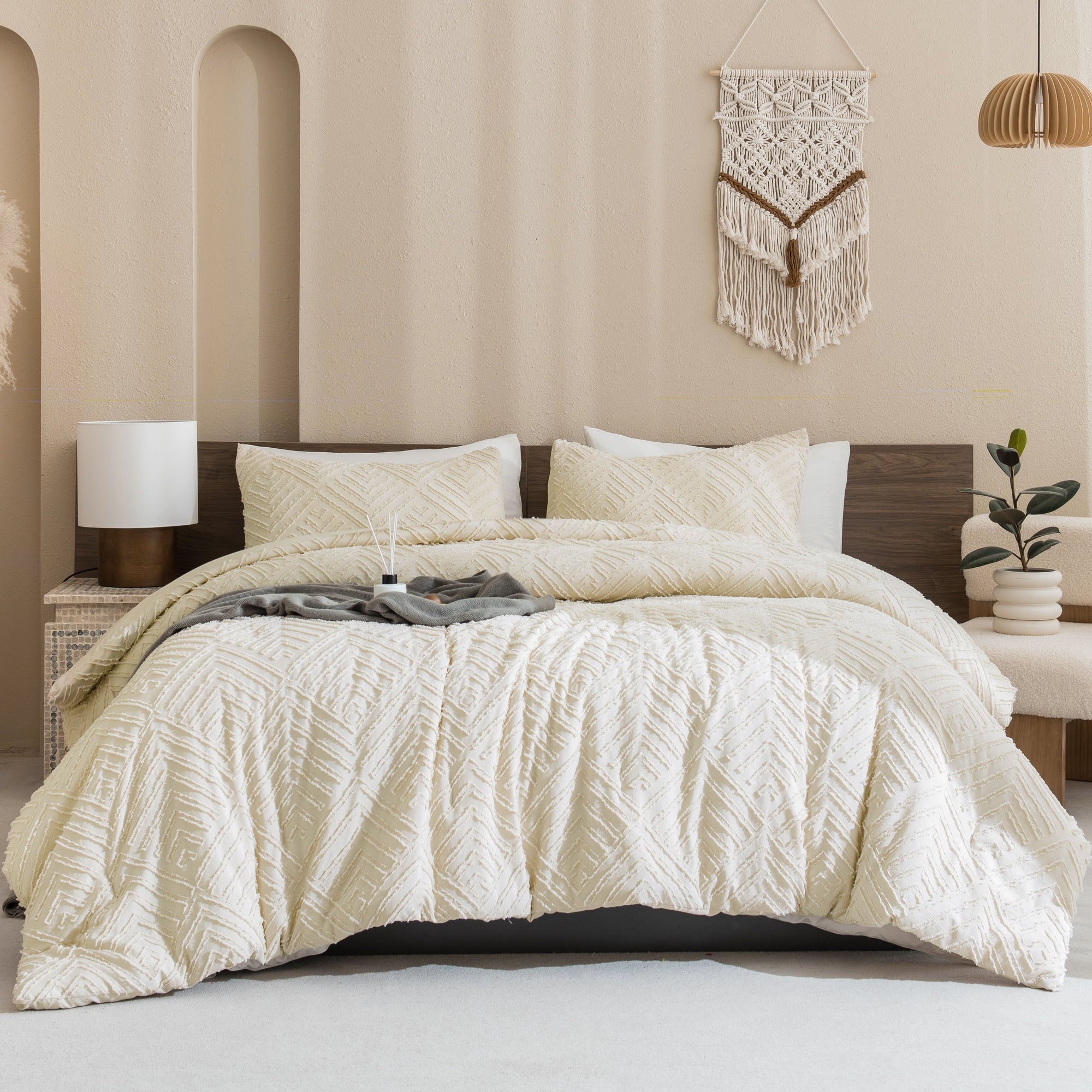 Heavyweight Warmth King Size Comforter Sets Beige - 3 Pieces Cream Boho Bedding Comforter Set for King Bed - Soft Fluffy Tufted Textured... - Cloud-Like Soft Lightweight Bed Comforter Detail