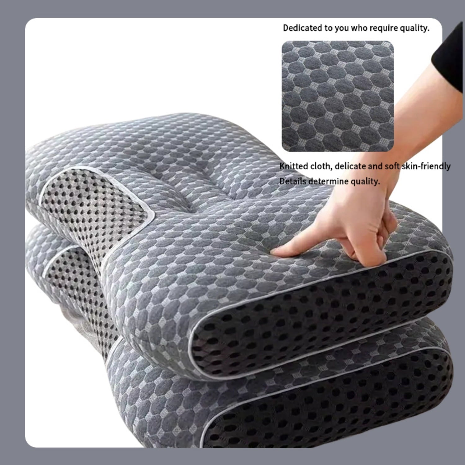 Ergonomic Memory Foam 2-Piece Set - 24"x15" Gray Bed for Back, Side, Stomach Sleepers - Ergonomic Memory Foam Pillow for Neck Pain Support Detail