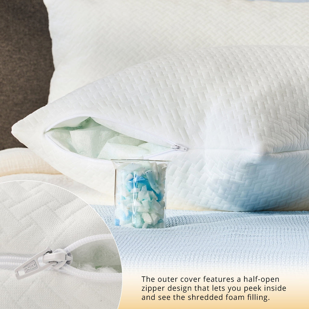 Hotel Collection 2 Pack Bed Pillow, Shredded Gel Memory Foam Pillow, Standard Queen, Medium, Made in USA - Ergonomic Memory Foam Pillow for Neck Pain Support Detail