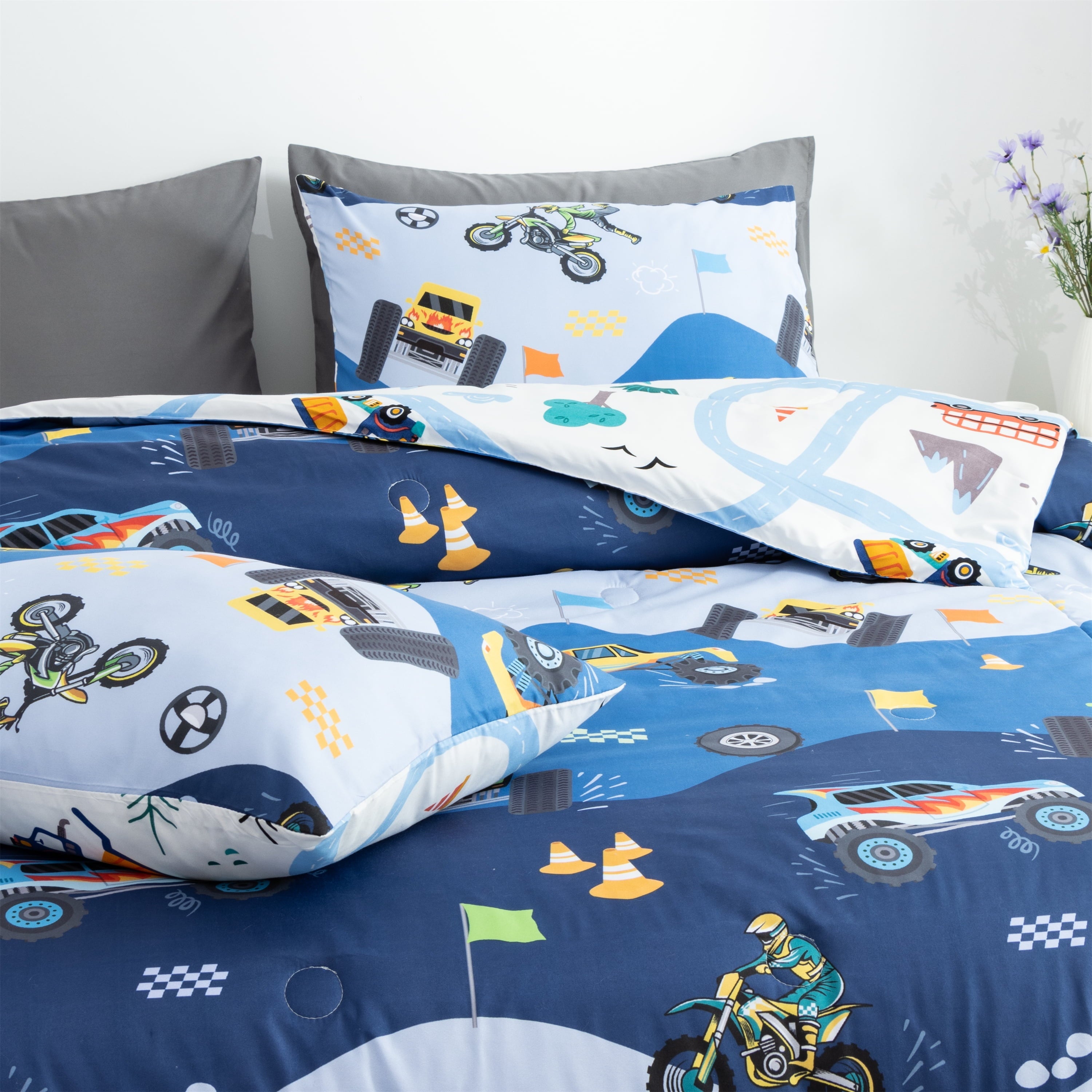 All-Season 3Pcs Reversible Construction Truck Twin Comforter Set for Boys Kids Excavator Vehicle Motorcycle Bedding Set Blue - All-Season Down Alternative Comforter Insert Detail