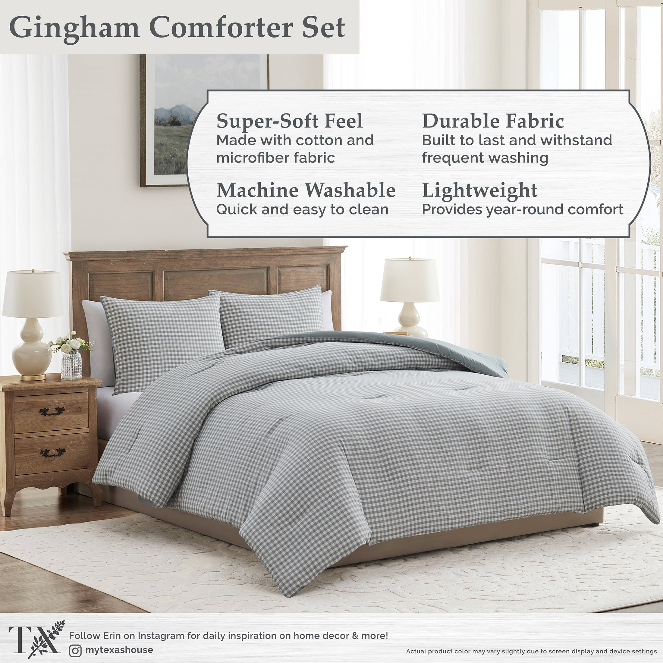 Heavyweight Warmth Full/Queen Comforter Set, All-Season, 3-Piece, Green Gingham Plaid - Hypoallergenic Ultra-Fluffy Quilt for Winter Detail