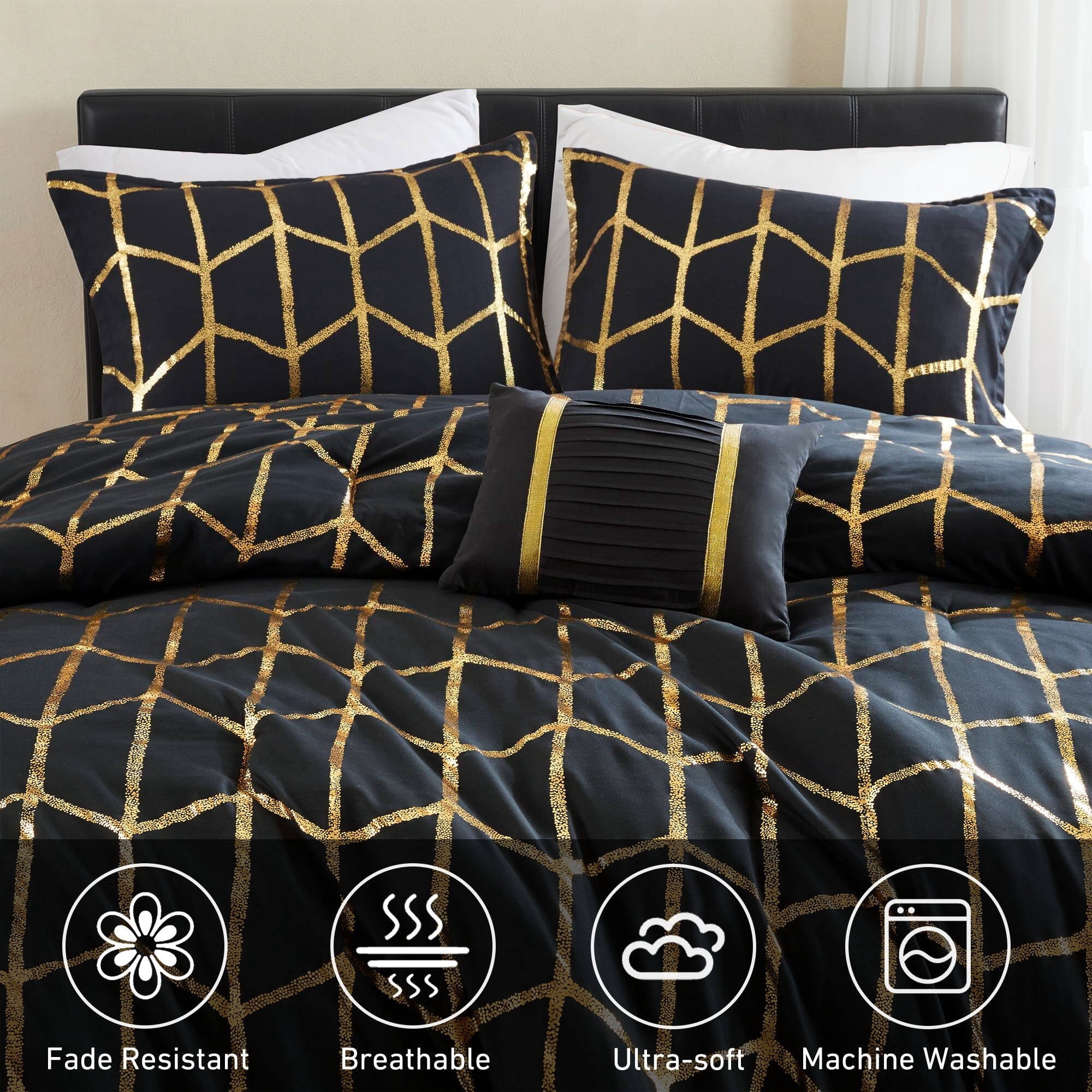 Hypoallergenic Cloud Full/Queen Size Comforter Set, 4-Piece Bedding Set for All Seasons, Geometric Metallic Comforter Bed Set with Decor P... - All-Season Down Alternative Comforter Insert Detail