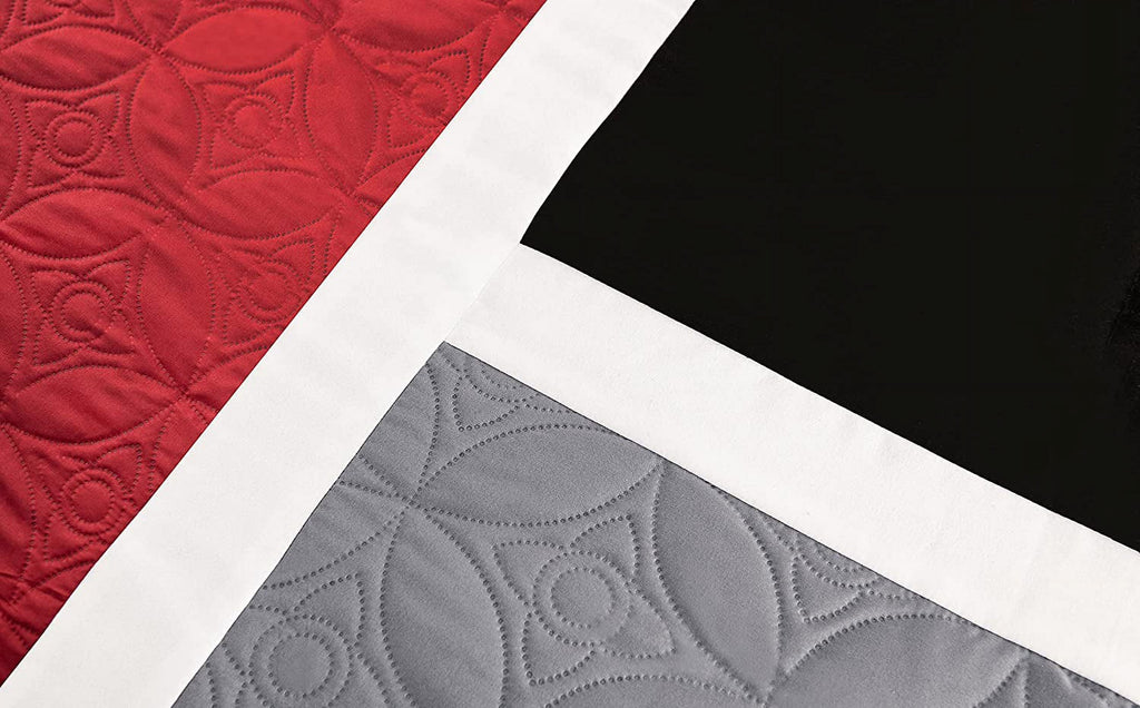 Fluffy Down Alternative 7-Piece Medallion Patchwork Comforter Set, Full, Red/Gray/Black - Cloud-Like Soft Lightweight Bed Comforter Detail