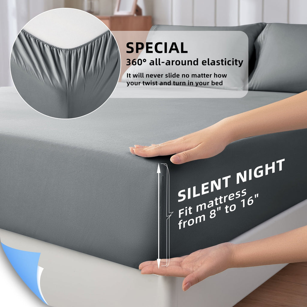 Premium Egyptian Cotton Shilucheng 4 Pieces Luxury Bed Sheets Set, Plush Microfiber Bed Sheets, 16" Deep Pocket, Queen, Dark Gray - Premium Ultra-Soft Pillowcase Pair for Sleeping Detail