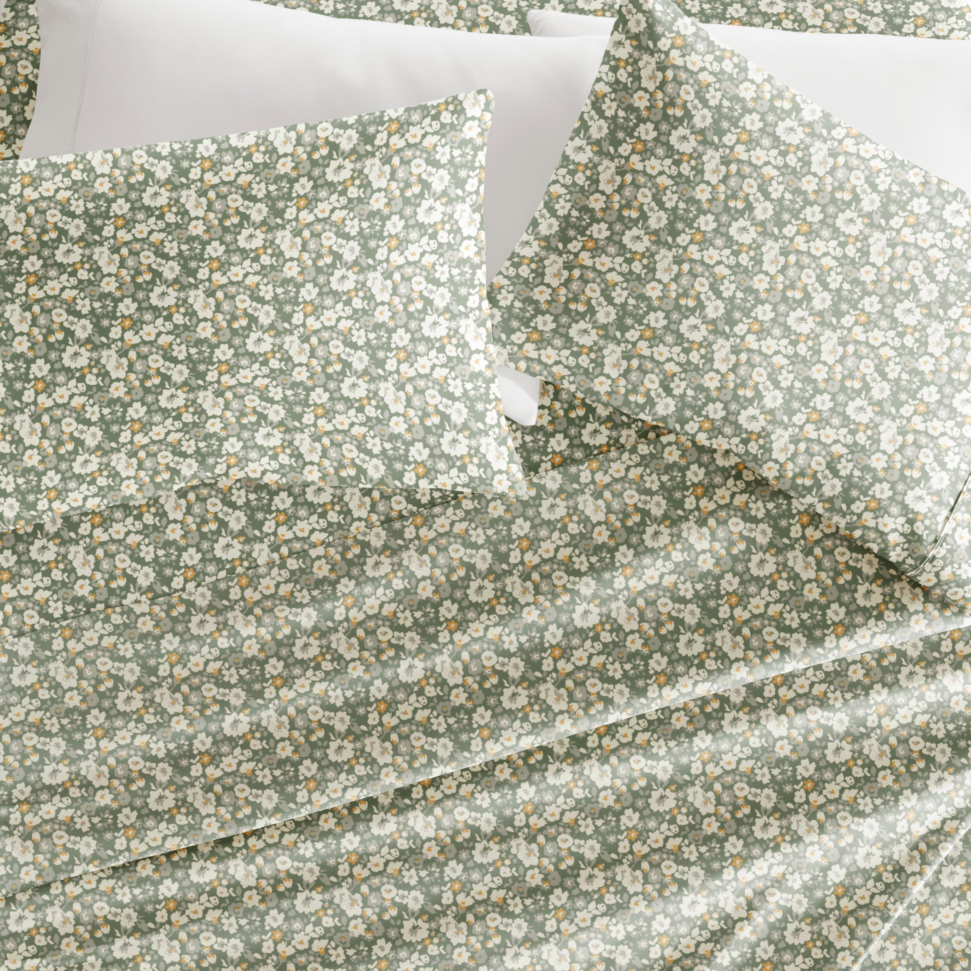 Breathable Luxury 4 Piece Pattern Microfiber Bed Sheets Set, Floral Dream Eucalyptus, Twin - Premium Ultra-Soft Pillowcase Pair for Sleeping Detail
