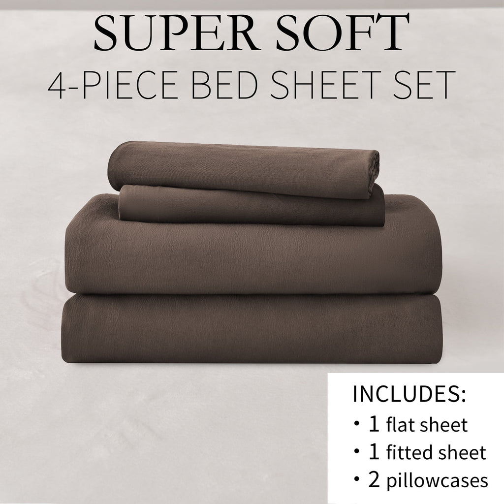 Premium Egyptian Cotton Bed Sheets Set 4 Piece Queen/Full Sheet Set Brown Gray Cotton Blend Fitted Sheet, Flat Sheet & 2 Pillowcases Bedding Set - Cooling Hotel Quality Bedding Sheets and Pillowcases Detail