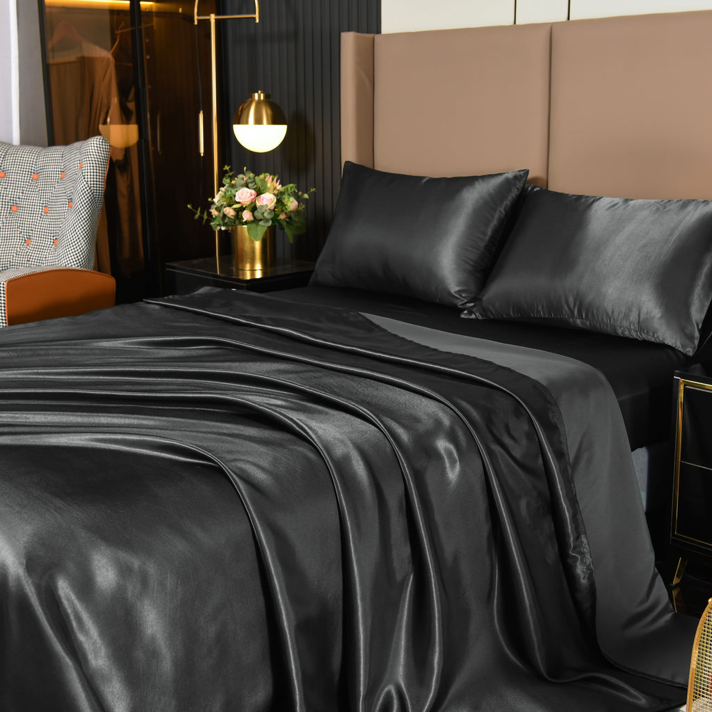 Ultra-Soft Satin Sheets Full Black Luxury Silky Bed Sheets 1800 Microfiber Sheet Set 4 Pcs - Breathable Egyptian Cotton Flat & Fitted Sheets Detail
