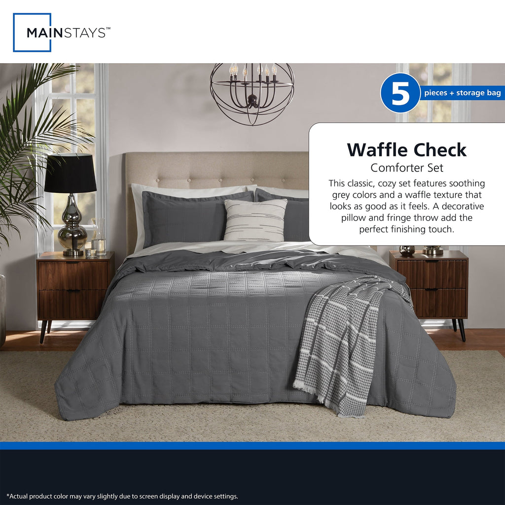 Fluffy Down Alternative Full/Queen Comforter Set, All-Season, 5-Piece, Grey Waffle Check - Luxurious Quilted Duvet Cover Set Detail