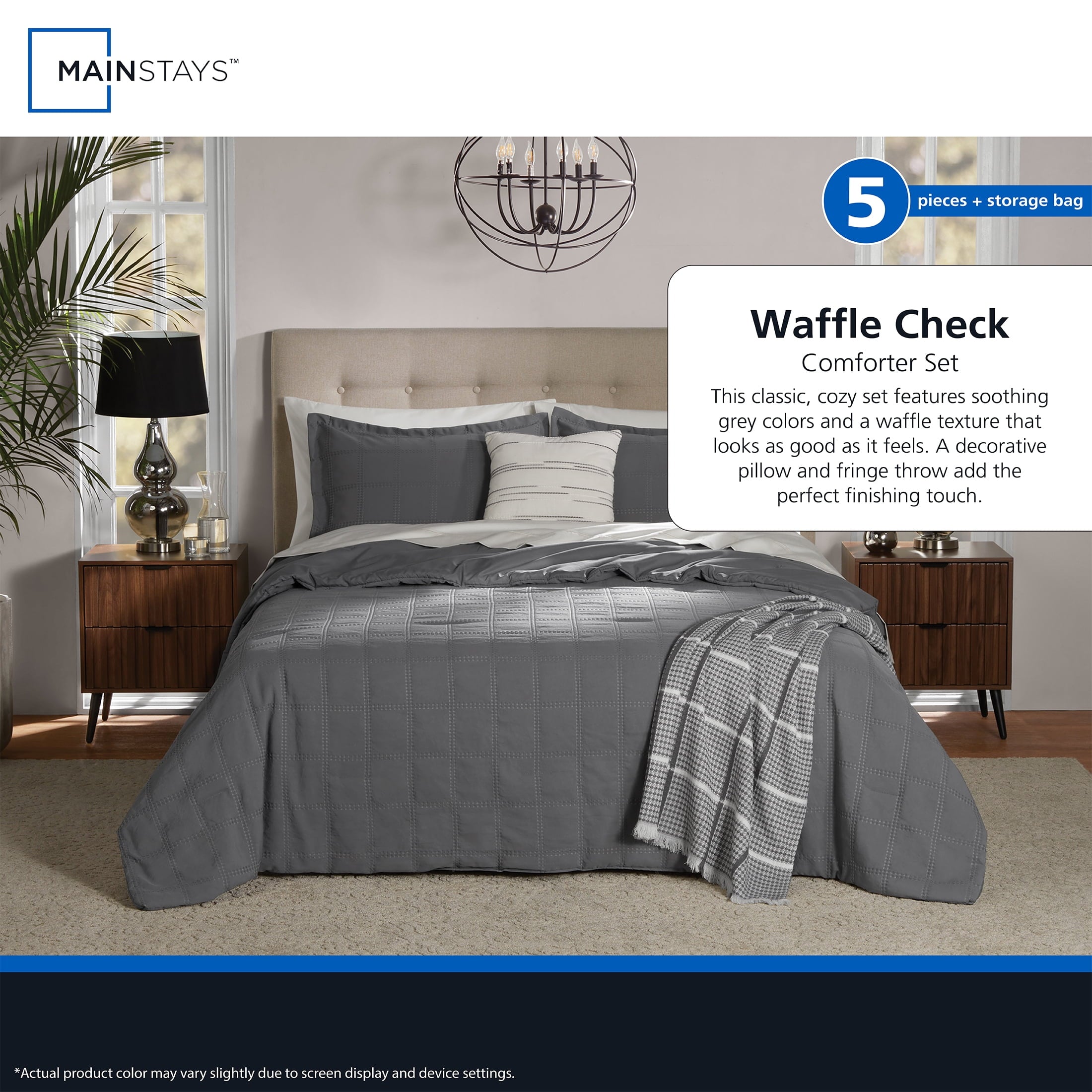 Fluffy Down Alternative Full/Queen Comforter Set, All-Season, 5-Piece, Grey Waffle Check - Luxurious Quilted Duvet Cover Set Detail