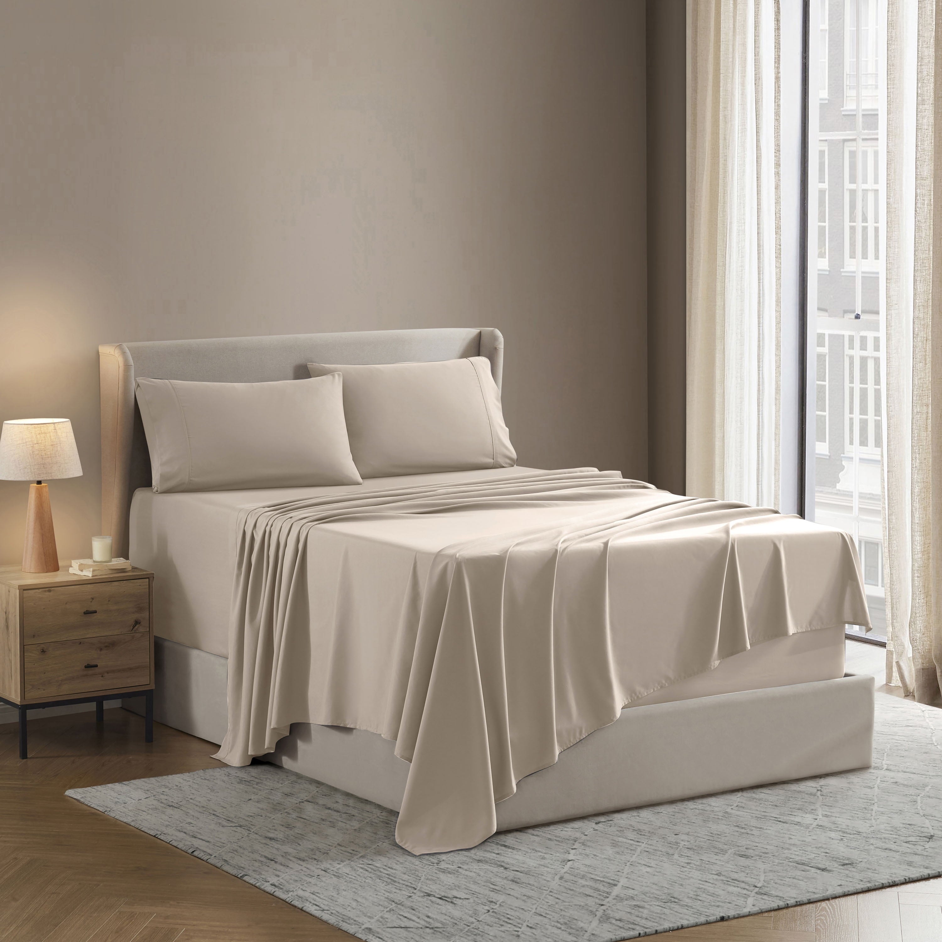 Cooling Sateen King Sheet Sets, 1800 Series Deep Pocket 4 Piece, Luxury Soft Microfiber Bed Sheet Sets, BEIGE CREAM - Premium Ultra-Soft Pillowcase Pair for Sleeping Detail