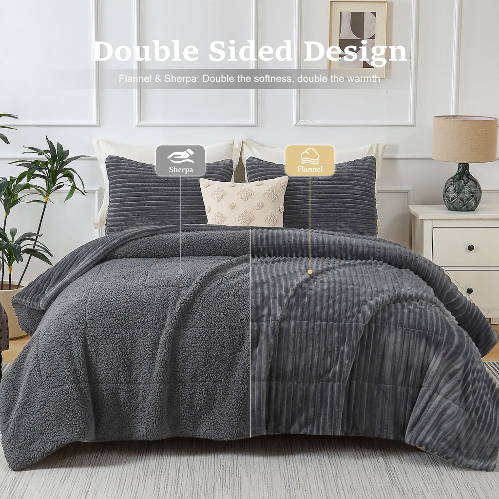 Hypoallergenic Cloud 3 Piece Fleece Queen Comforter Set - Soft & Warm Fluffy Dark Gray Sherpa Bedding , Fuzzy Heavy Double Sided Design Wi... - Hypoallergenic Ultra-Fluffy Quilt for Winter Detail