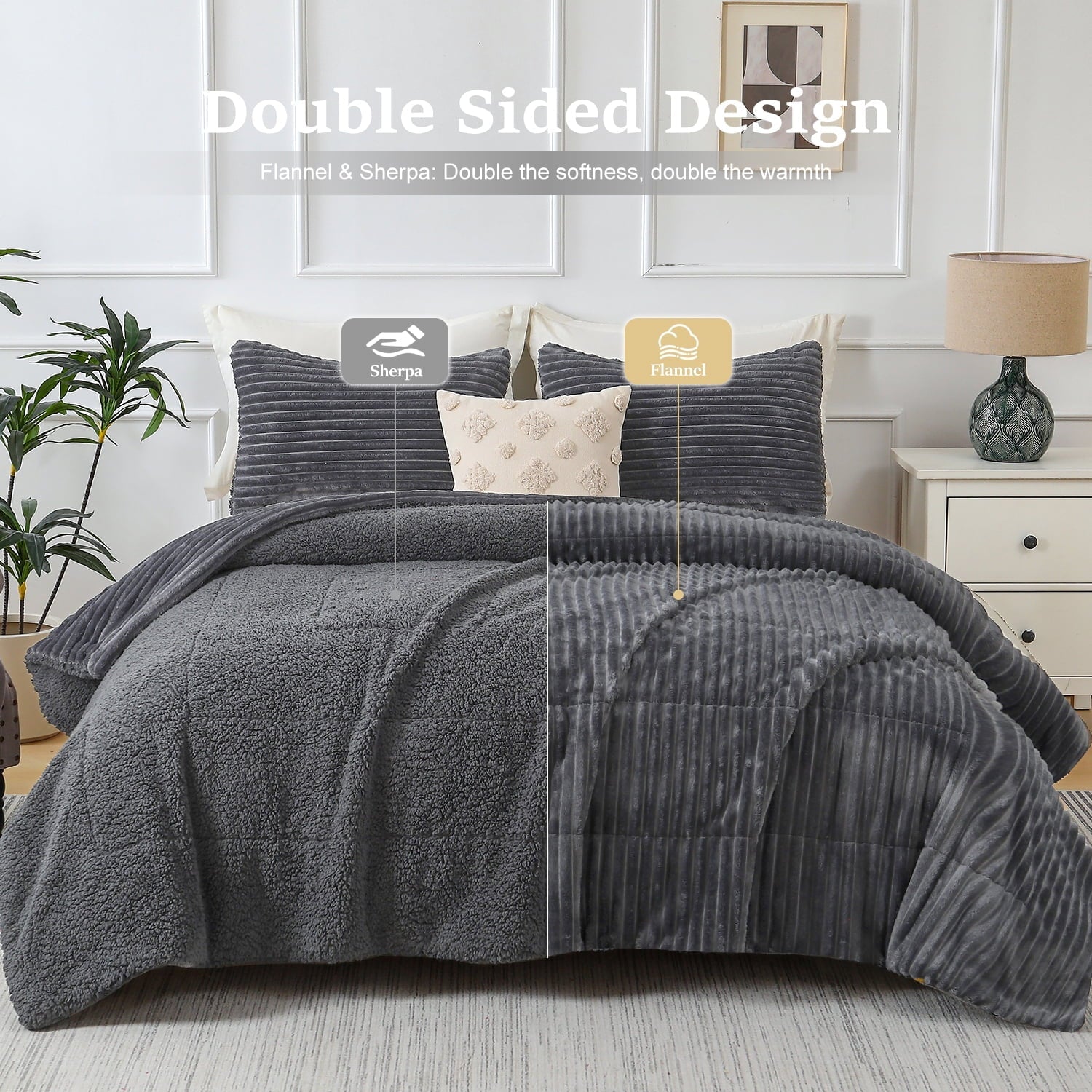 Hypoallergenic Cloud 3 Piece Fleece Queen Comforter Set - Soft & Warm Fluffy Dark Gray Sherpa Bedding , Fuzzy Heavy Double Sided Design Wi... - Hypoallergenic Ultra-Fluffy Quilt for Winter Detail