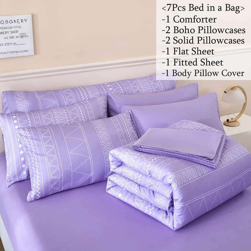 All-Season 8-Pieces Boho Bedding Set Full Lavender Striped Bed in a Bag for Girls Women Soft Fluffy Purple Comforter Set with Sh... - All-Season Down Alternative Comforter Insert Detail