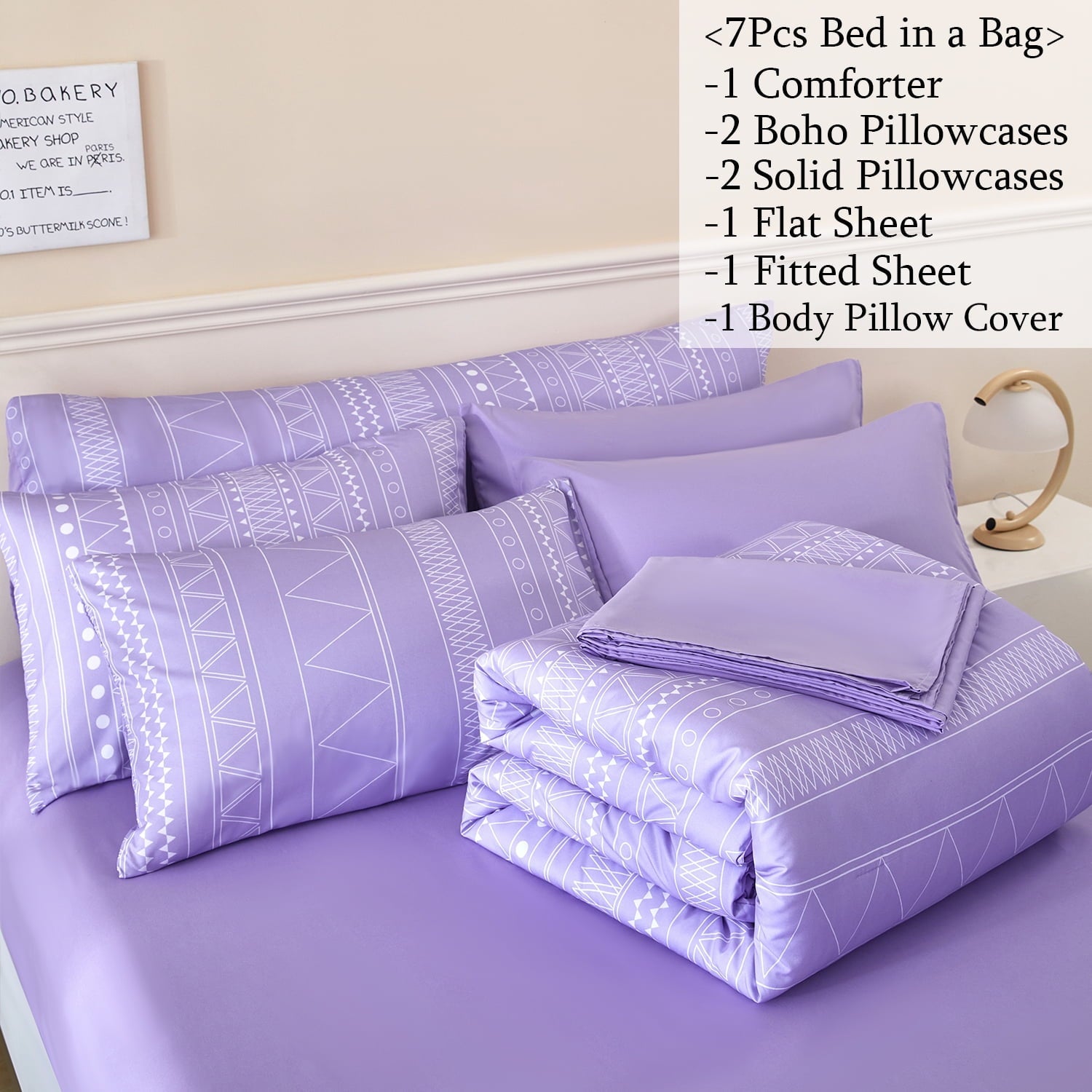 All-Season 8-Pieces Boho Bedding Set Full Lavender Striped Bed in a Bag for Girls Women Soft Fluffy Purple Comforter Set with Sh... - All-Season Down Alternative Comforter Insert Detail