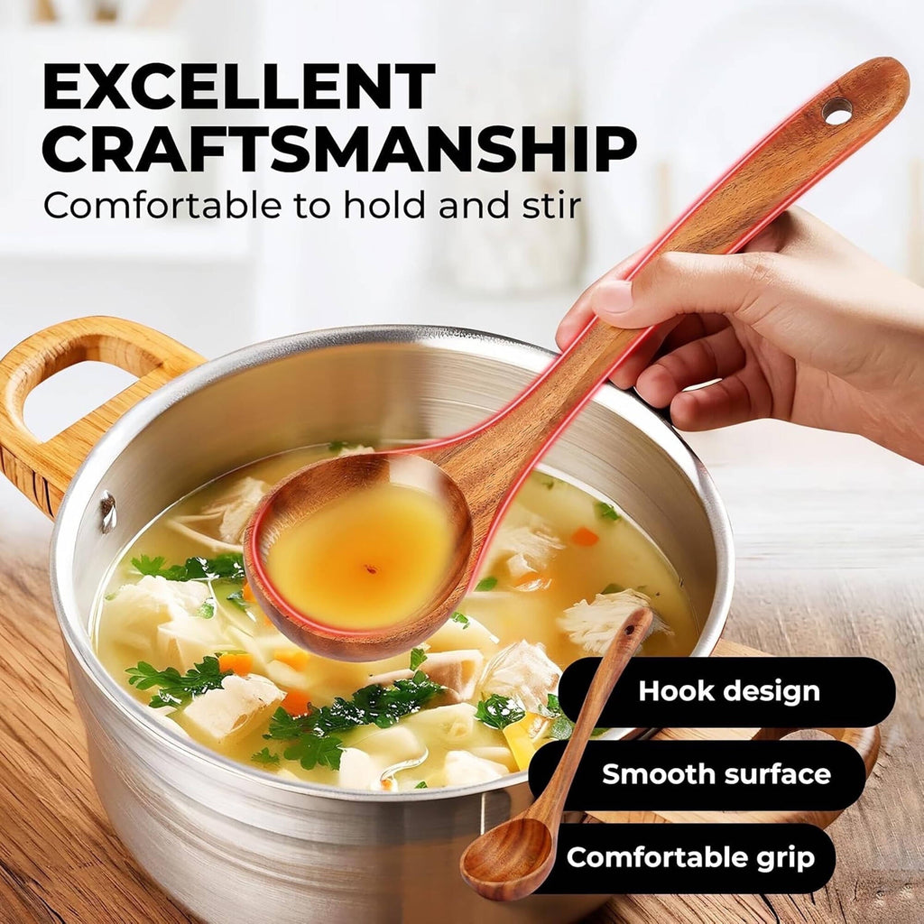 Non-Stick Safe 6-Piece Natural Teak Wooden Spoons for Cooking With 10 Hooks，Handcrafted Kitchen Utensils Set ，Ideal Gift Set - Heat-Resistant Silicone Cooking Spatula Turner Detail