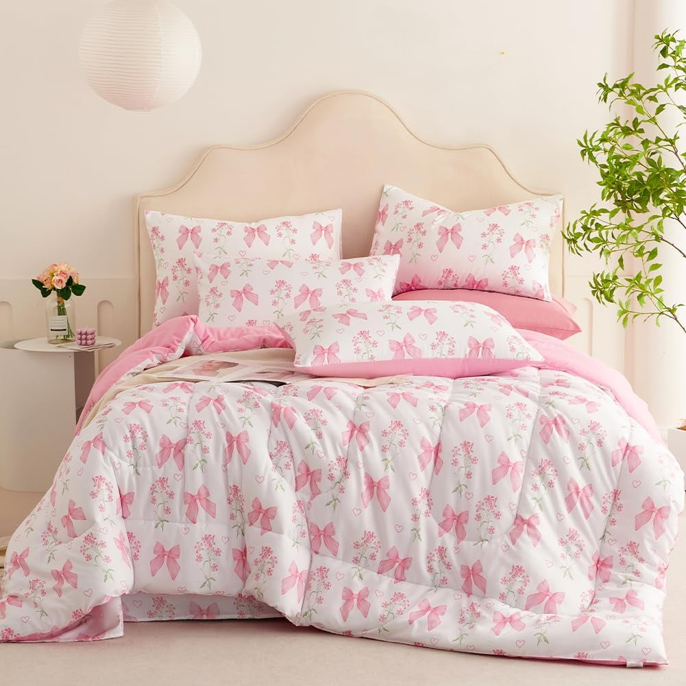 Hypoallergenic Cloud Pink Bowknot Girls Comforter Set Twin Size, 3 Pieces Bows Princess Style Bedding Set for Girls for All Season - Hypoallergenic Ultra-Fluffy Quilt for Winter Detail