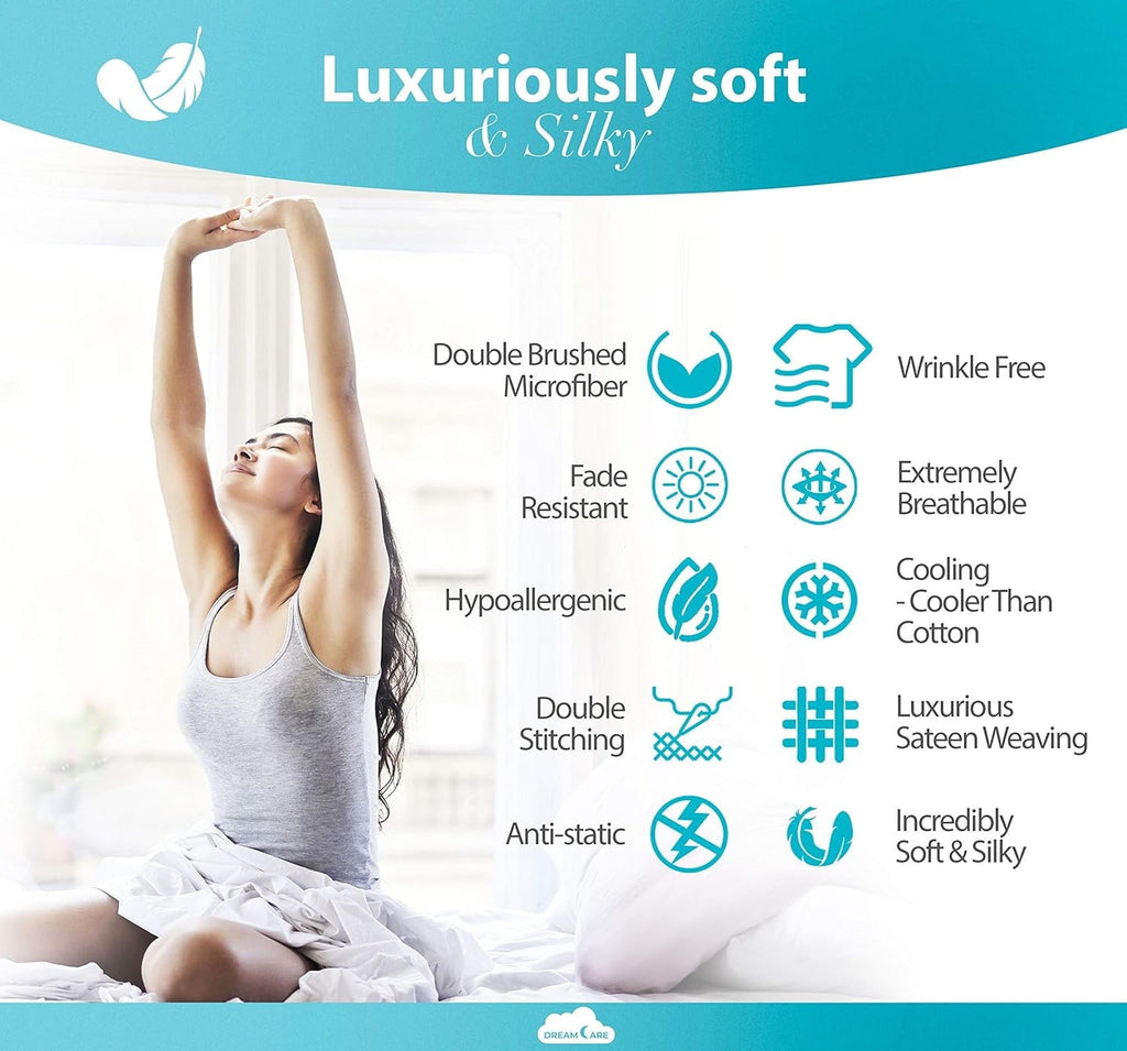 Breathable Luxury Set, Soft Microfiber 4 Piece Hotel Luxury Bed s with Deep Pockets, Embroidered Pillow Cases, Side Storage Pocket Fitt... - Luxury Bed Sheet Set with Deep Pockets Detail