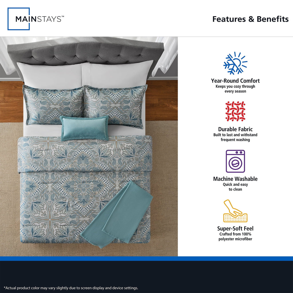 Hypoallergenic Cloud Full/Queen Comforter Set, All-Season, 5-Piece, Teal Jacquard Medallion - Hypoallergenic Ultra-Fluffy Quilt for Winter Detail
