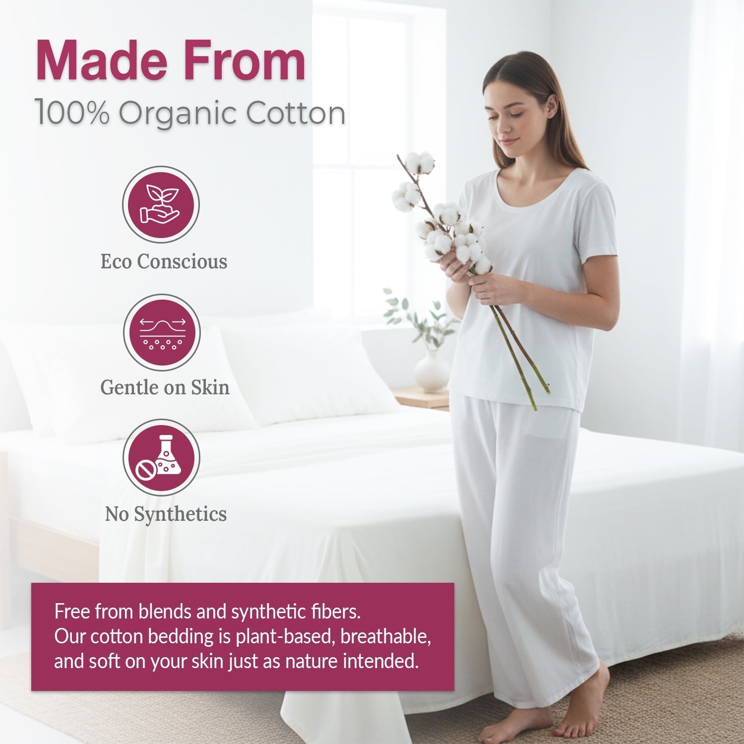 Ultra-Soft 100% Organic Cotton Percale Flat Sheet Twin Size - 1 PC Flat Sheet, White - Crisp, Cool and Strong Bed Linen, Top She... - Breathable Egyptian Cotton Flat & Fitted Sheets Detail