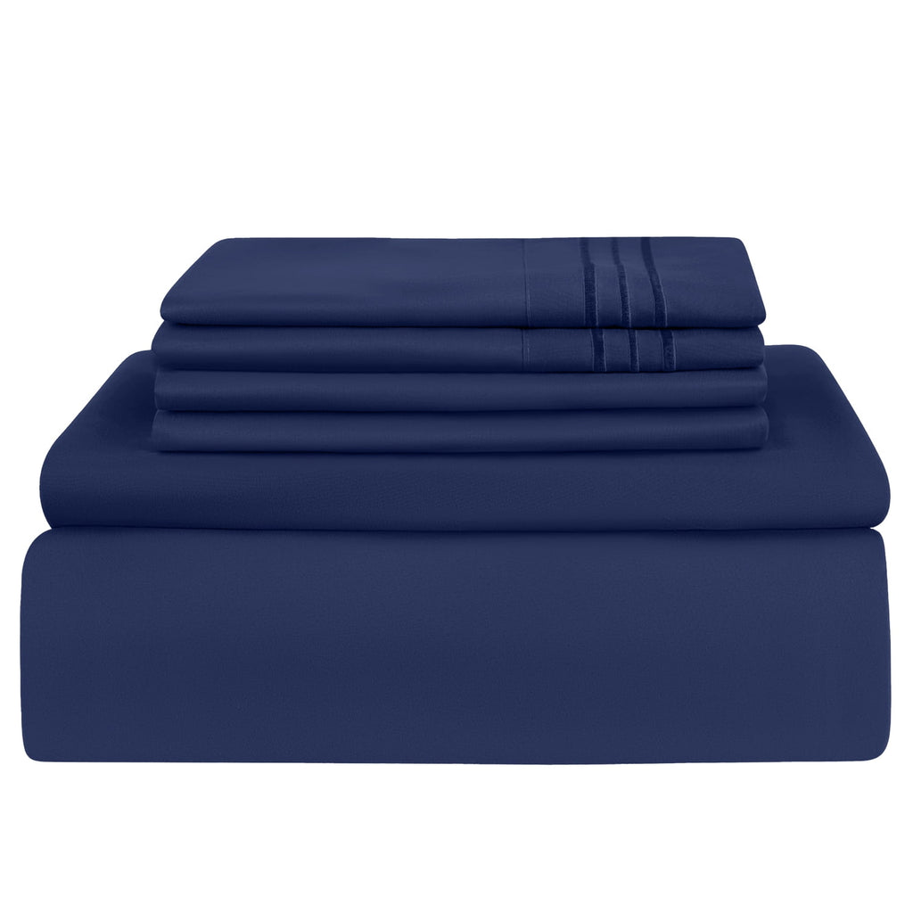 Premium Egyptian Cotton Queen Bed Sheets Set, 6 Pc Microfiber Bed Sheets, Extra Deep Pocket Queen Fitted Sheet, Flat Sheet & Pillowcases, Nav... - Breathable Egyptian Cotton Flat & Fitted Sheets Detail