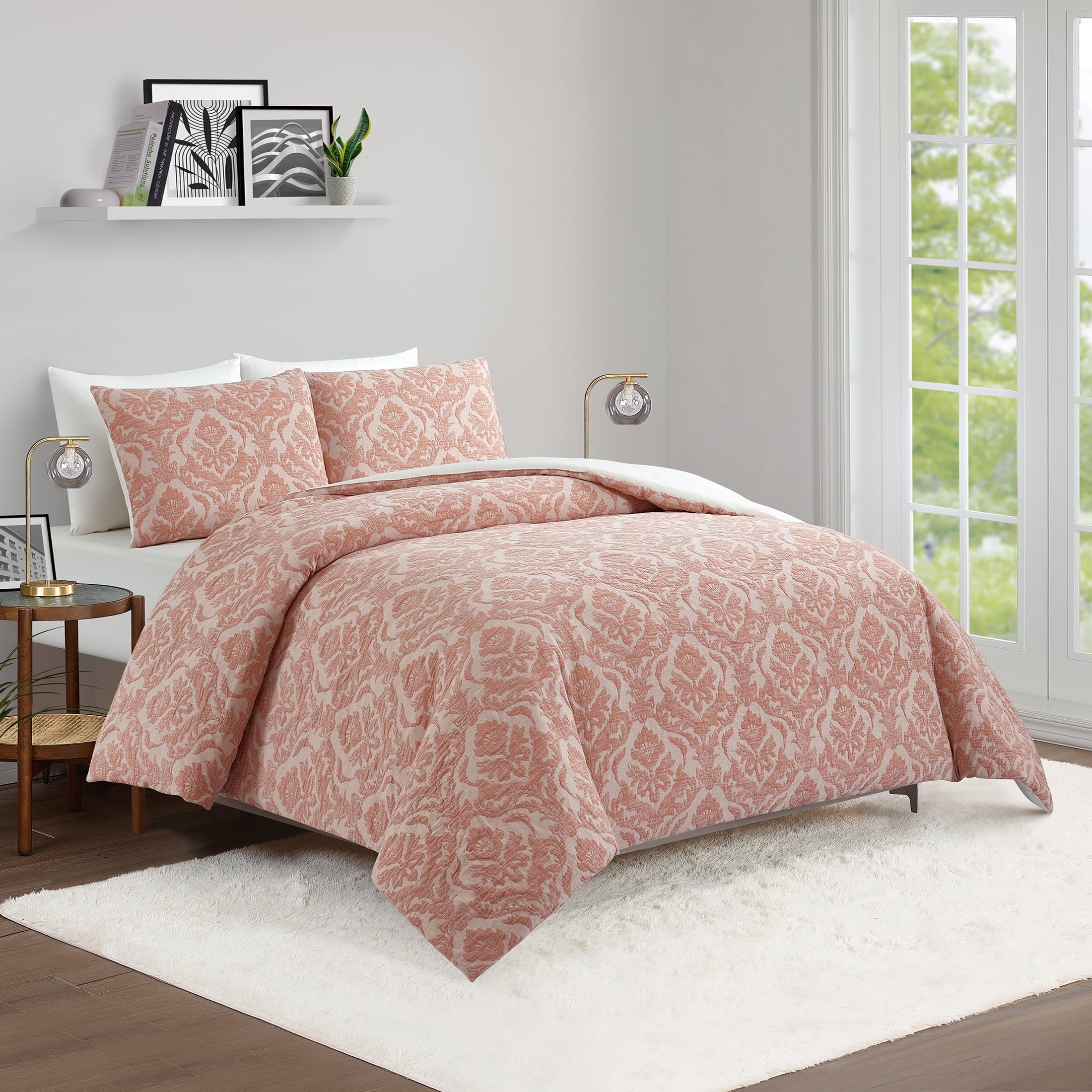 All-Season Woven Damask 2-Piece Comforter Set, Blush, Full Queen, All Ages - Luxurious Quilted Duvet Cover Set Detail