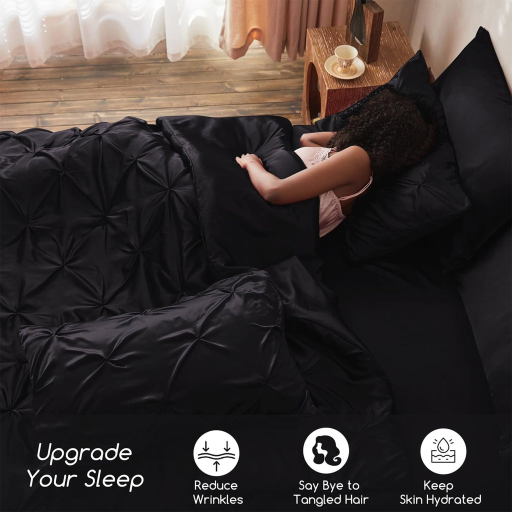 Fluffy Down Alternative Satin Comforter Set 7 Pieces Queen Size - Luxurious Pinch Pleat Bed in a Bag with Satin Comforter, Satin Sheets, Sati... - Luxurious Quilted Duvet Cover Set Detail