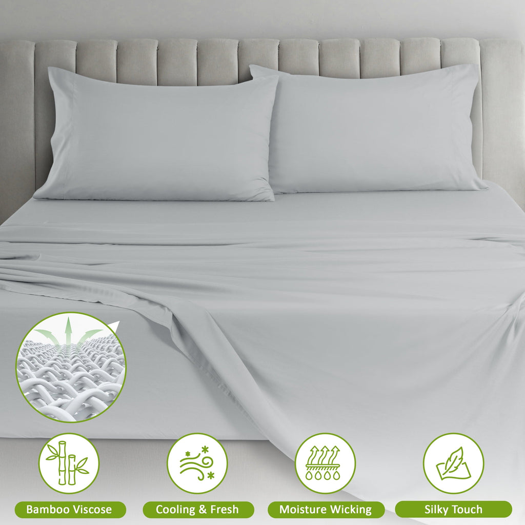 Cooling Sateen Rayon - 4 Piece Cooling Bed Sheets Set, Gray - Breathable Egyptian Cotton Flat & Fitted Sheets Detail