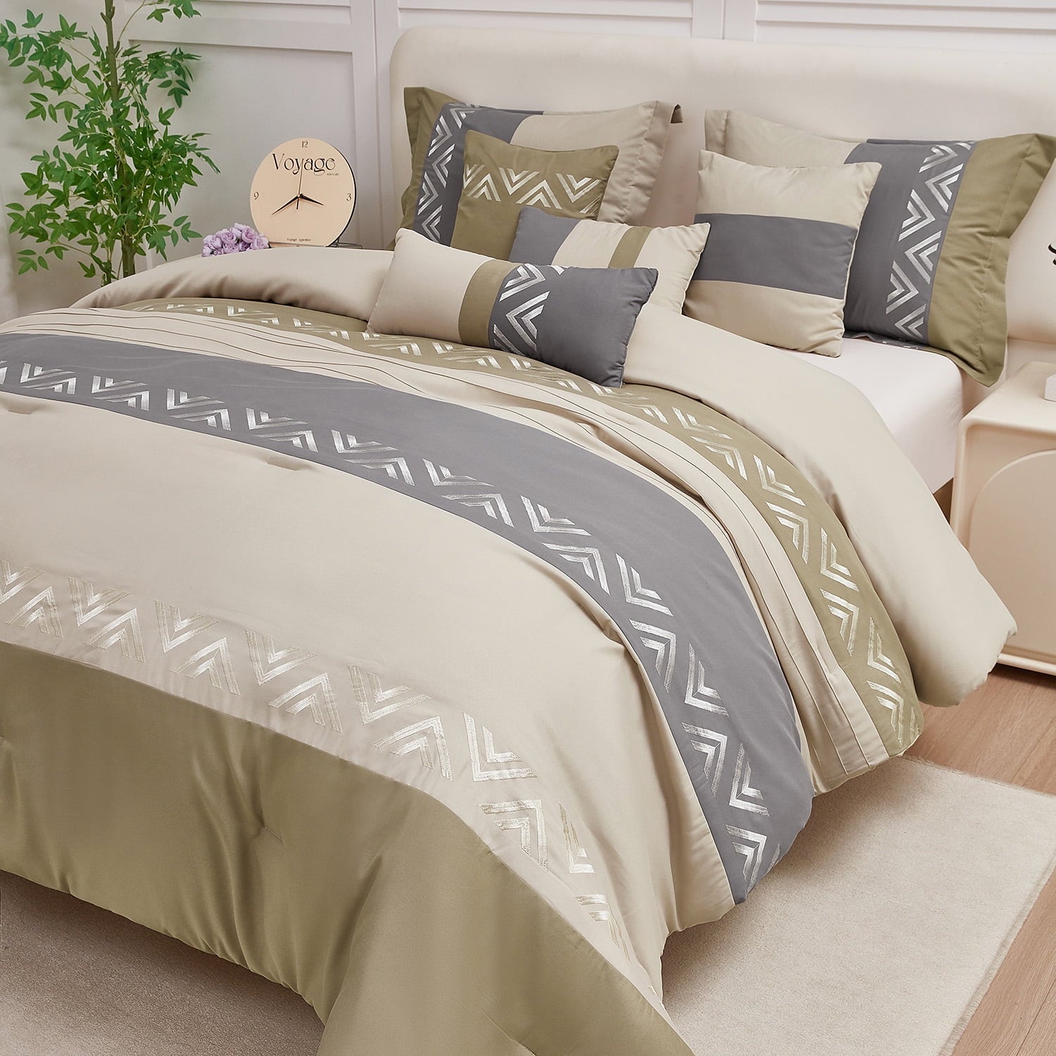 All-Season 7 Piece Embroidery Design Bed-in-a-Bag, Taupe Queen Size Ultra Soft Comforter Set for Adults - Luxurious Quilted Duvet Cover Set Detail