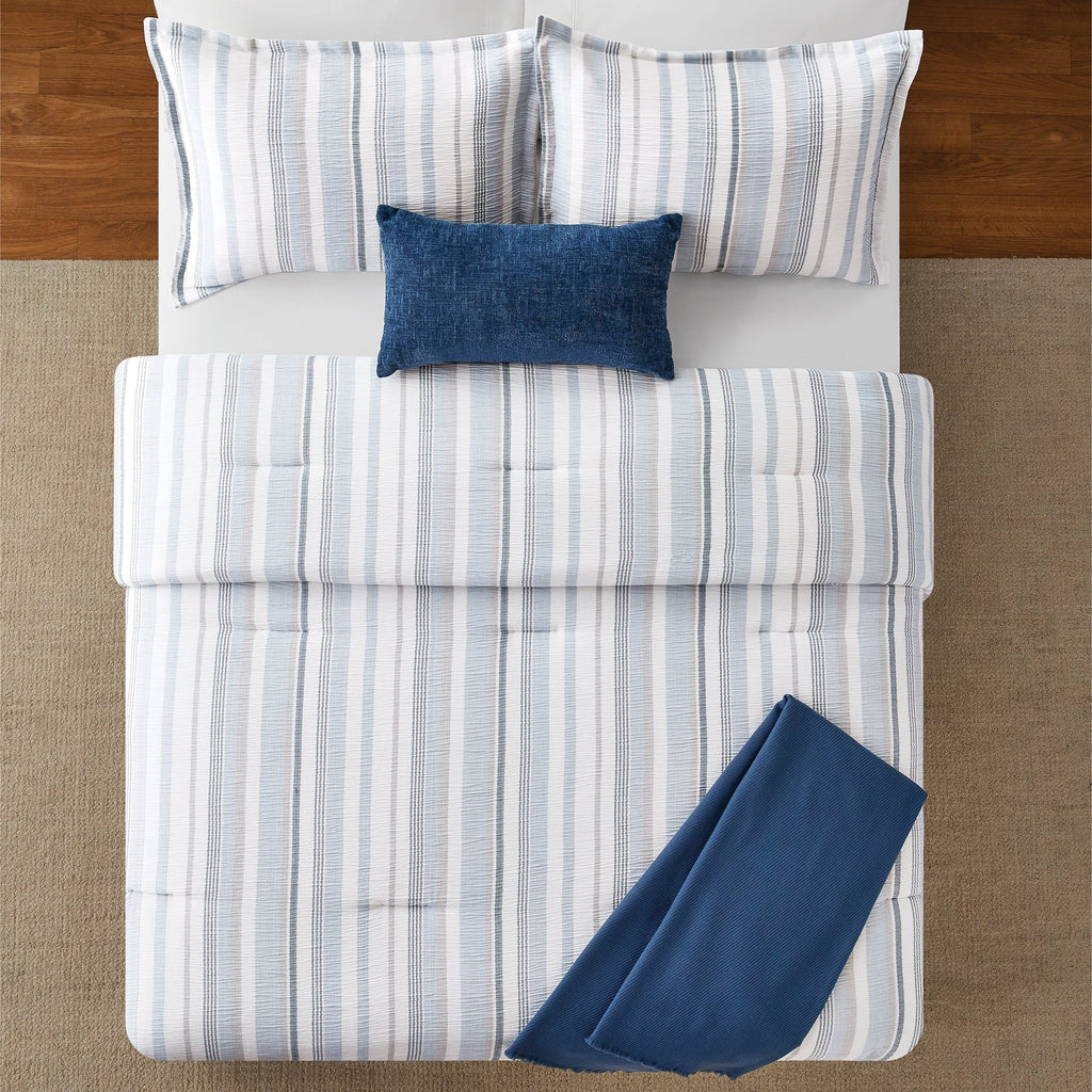 Hypoallergenic Cloud Full/Queen Comforter Set, All-Season, 5-Piece, Blue Yarn Dyed Stripe - Luxurious Quilted Duvet Cover Set Detail