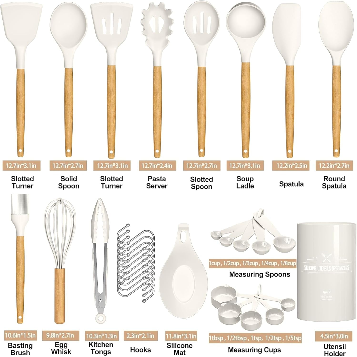 Premium Kitchen Kitchen Cooking Utensils Set, 33 pcs Non-stick Silicone Cooking Kitchen Utensils Spatula Set with Holder, Wooden Hand... - Kitchen Gadget Tool for Quick Food Prep Detail