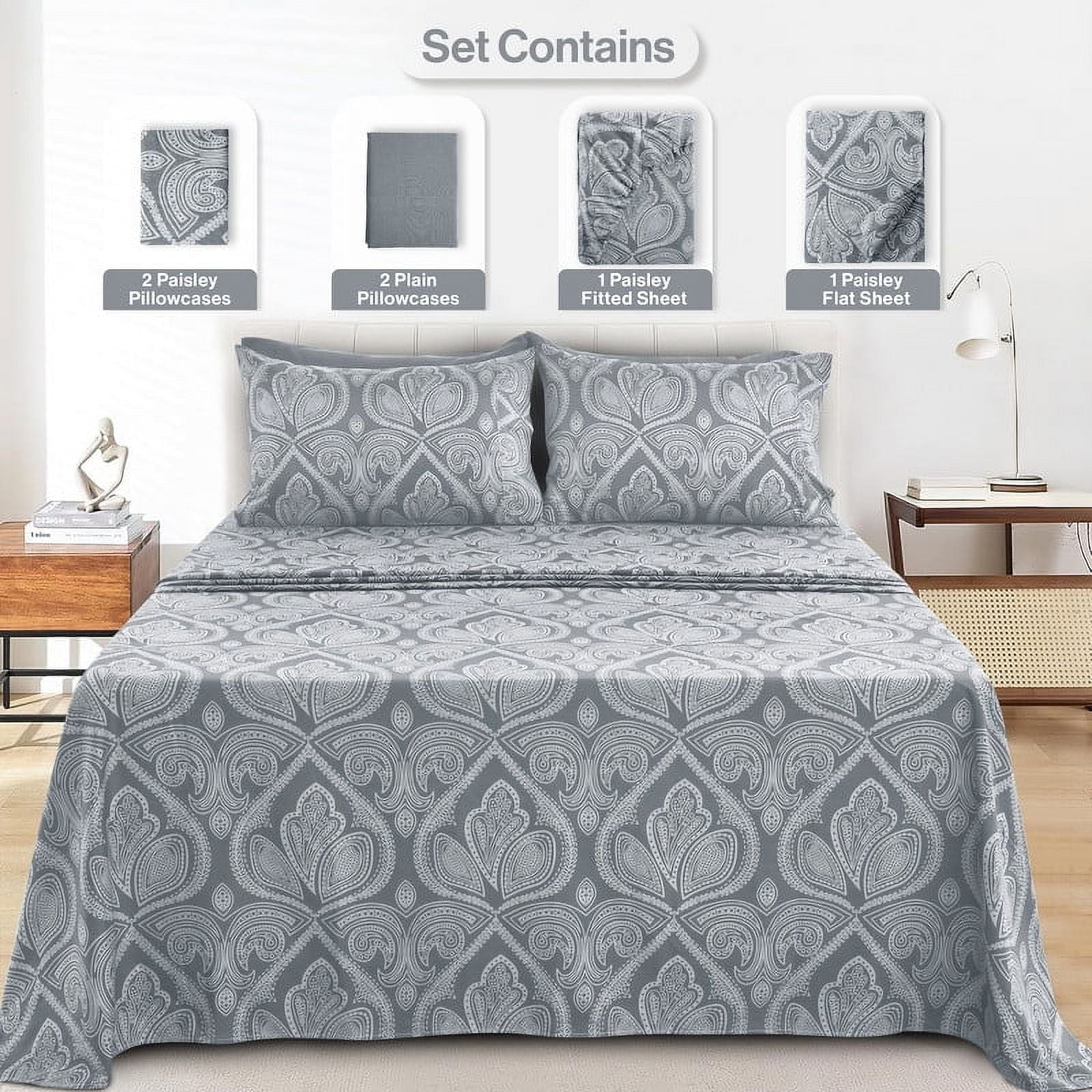 Breathable Luxury 6-Piece Bed Sheet Set, Deep Pocket Queen Sheets Up to 16 Inch, 1 Flat Sheet , 1 Fitted Sheet & 4 Pillowcases (Queen, ... - Luxury Bed Sheet Set with Deep Pockets Detail