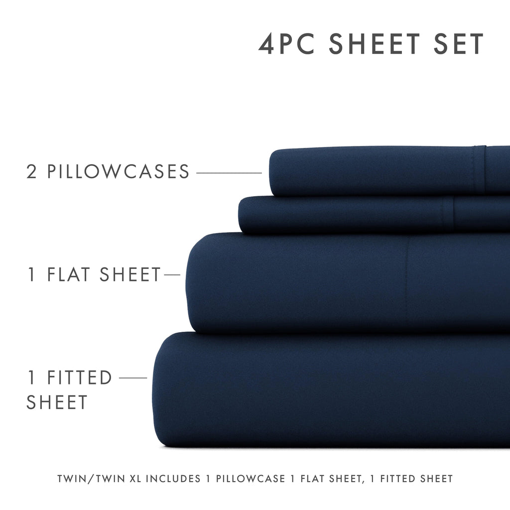 Breathable Luxury 4 Piece Solid Microfiber Bed Sheet Set, Navy, Queen - Luxury Bed Sheet Set with Deep Pockets Detail