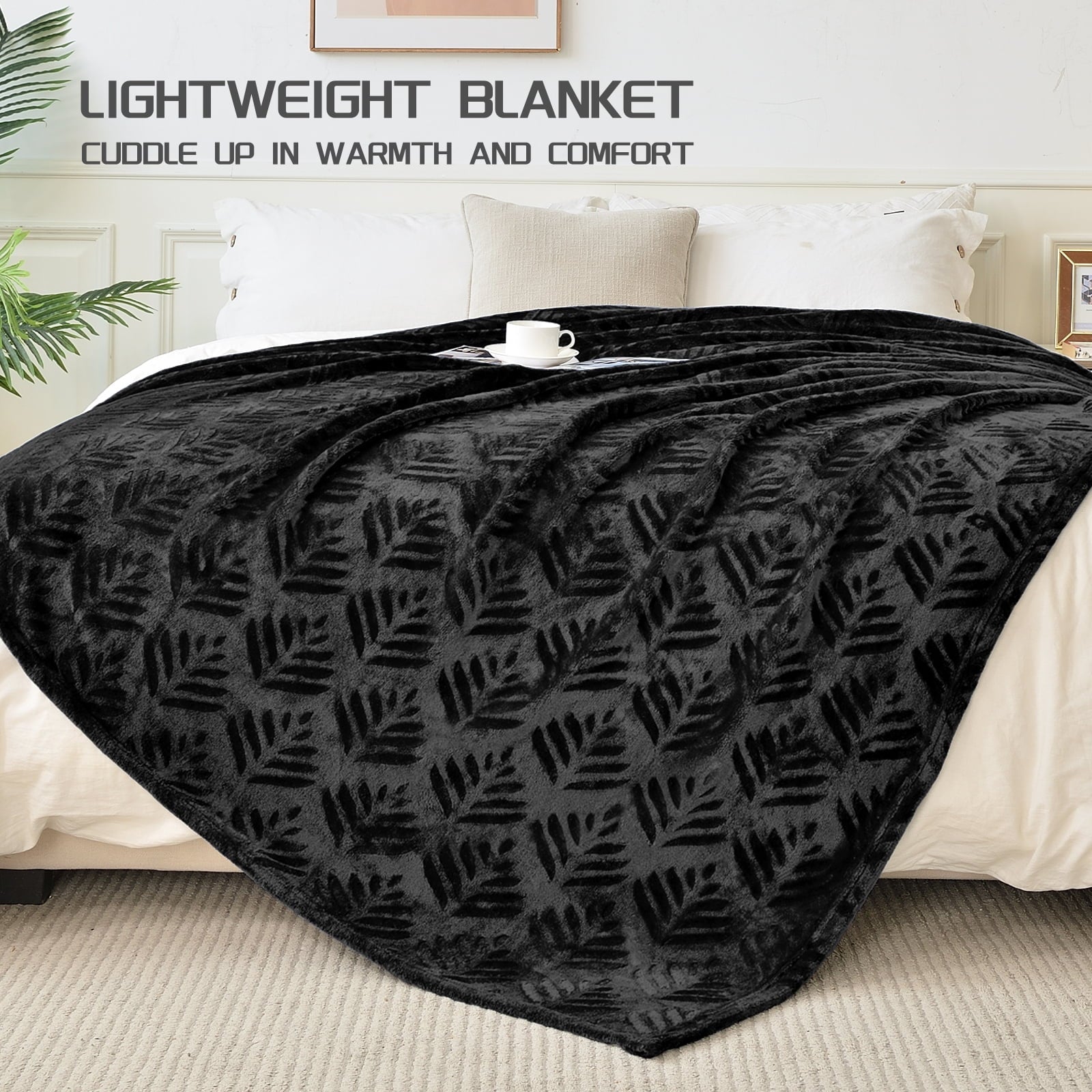 Cozy Fleece Fleece Throw Blanket for Couch, Leaves Pattern Super Soft and Cozy Blankets, Plush Fuzzy Lightweight, Black, 50"x60" - Luxury Knitted Decorative Throw Blanket with Fringes Detail