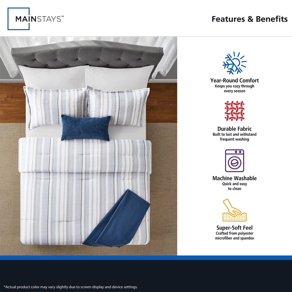 Hypoallergenic Cloud Full/Queen Comforter Set, All-Season, 5-Piece, Blue Yarn Dyed Stripe - Luxurious Quilted Duvet Cover Set Detail