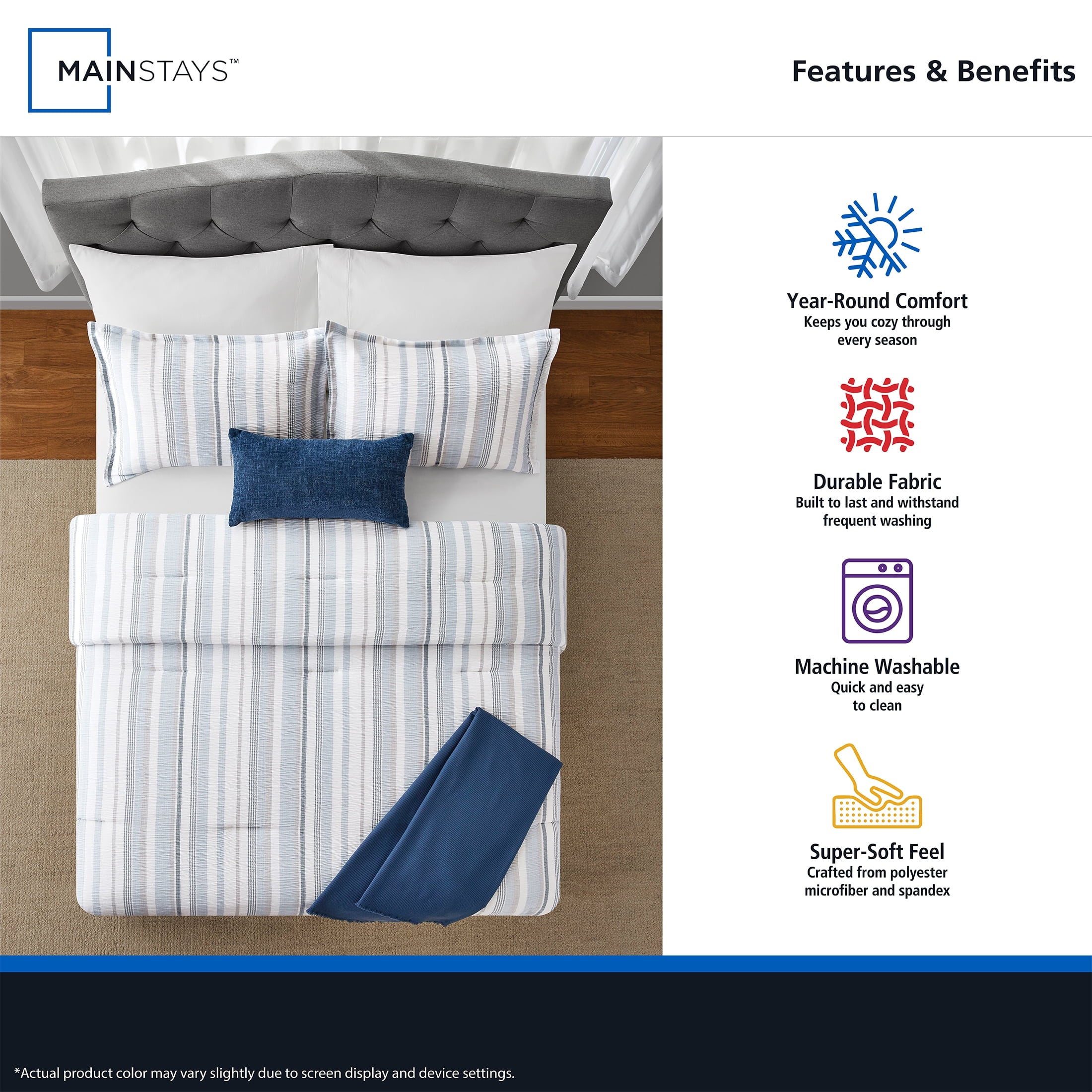 Hypoallergenic Cloud Full/Queen Comforter Set, All-Season, 5-Piece, Blue Yarn Dyed Stripe - Luxurious Quilted Duvet Cover Set Detail
