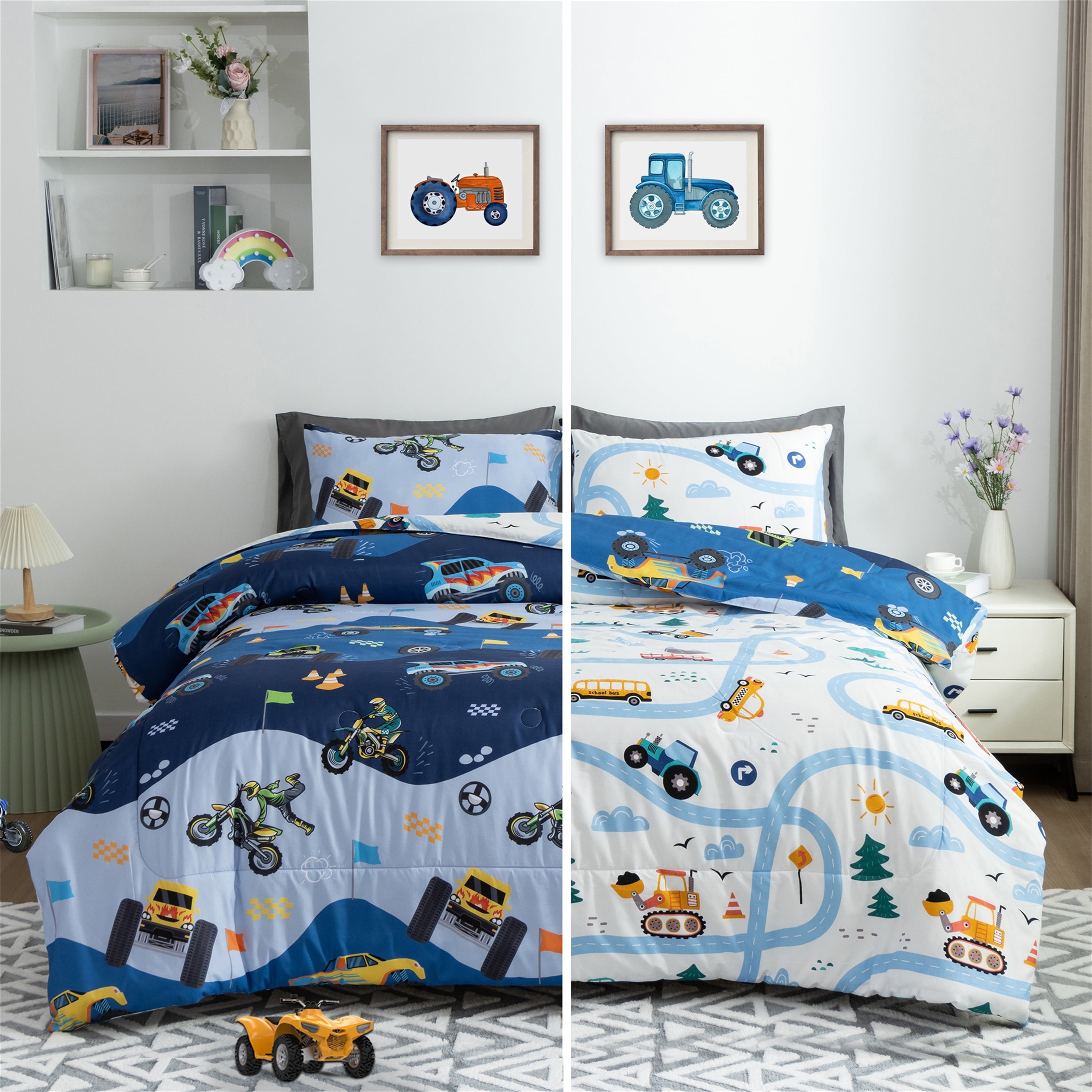 All-Season 3Pcs Reversible Construction Truck Twin Comforter Set for Boys Kids Excavator Vehicle Motorcycle Bedding Set Blue - All-Season Down Alternative Comforter Insert Detail